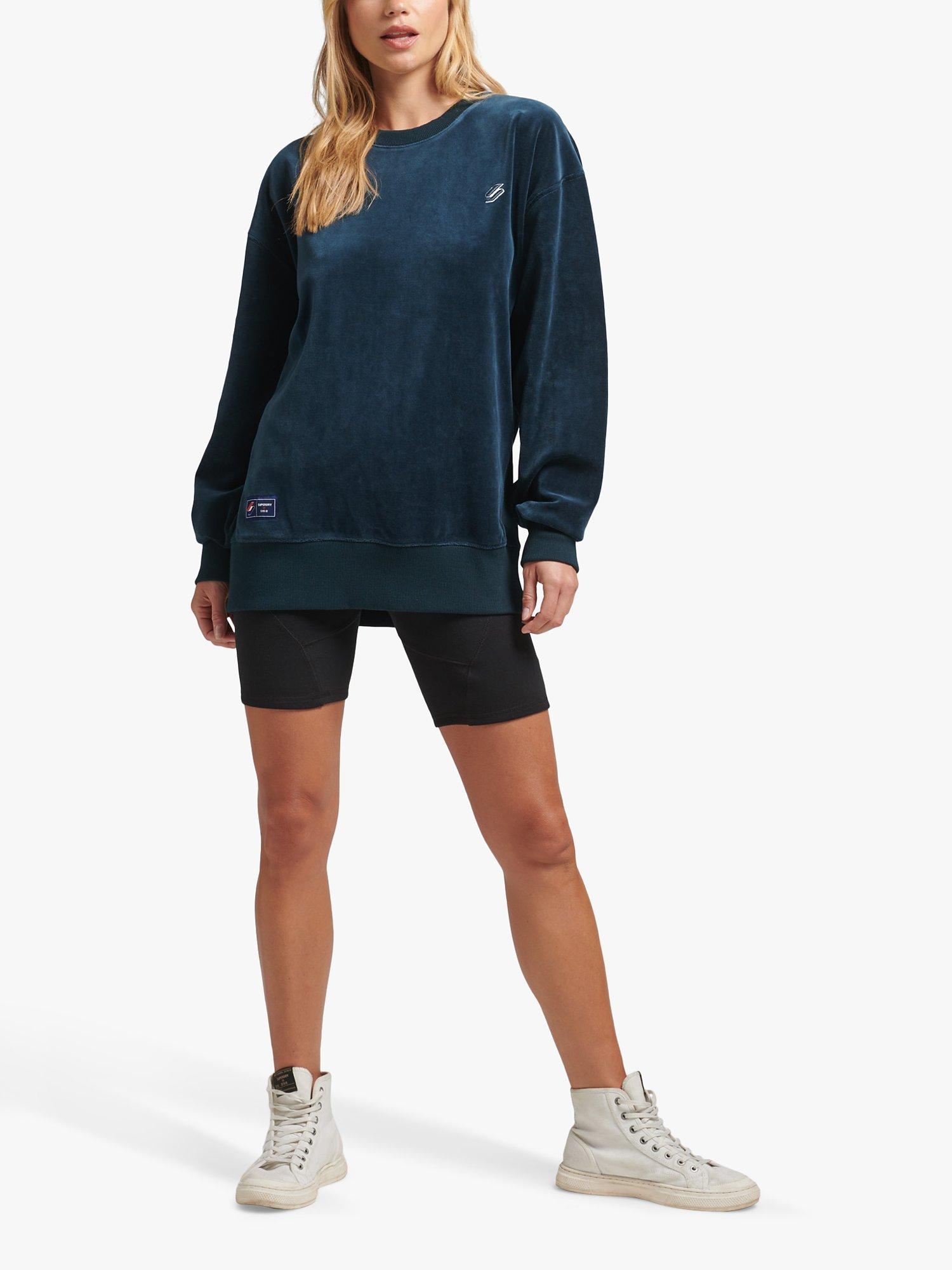 Superdry Code S Logo Velour Oversized Crew Neck Jumper, Zinc Blue