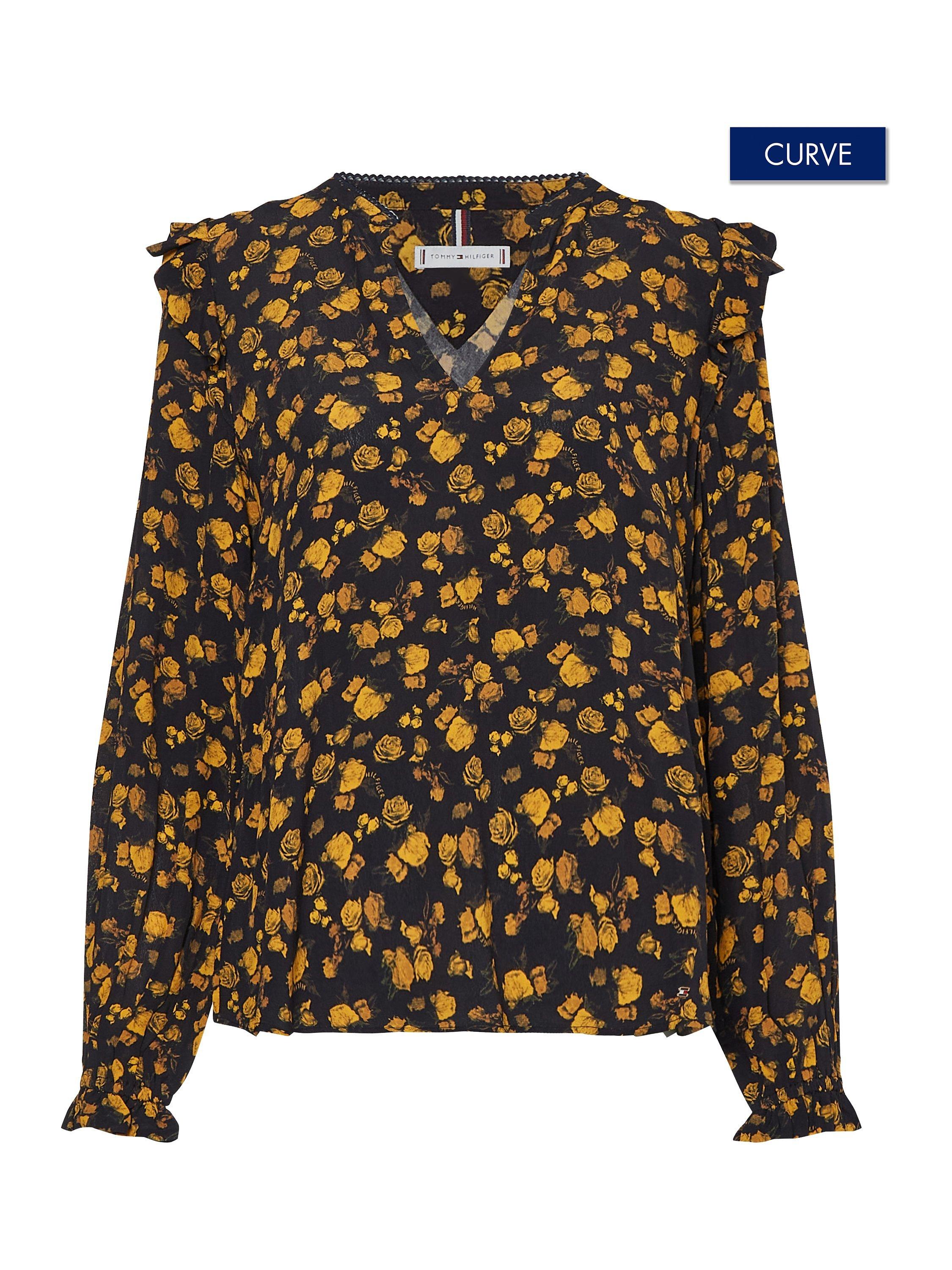Product image 1 of 4, which shows Tommy Hilfiger Curve Crepe Floral Blouse, Black/Yellow, XXXXXXL