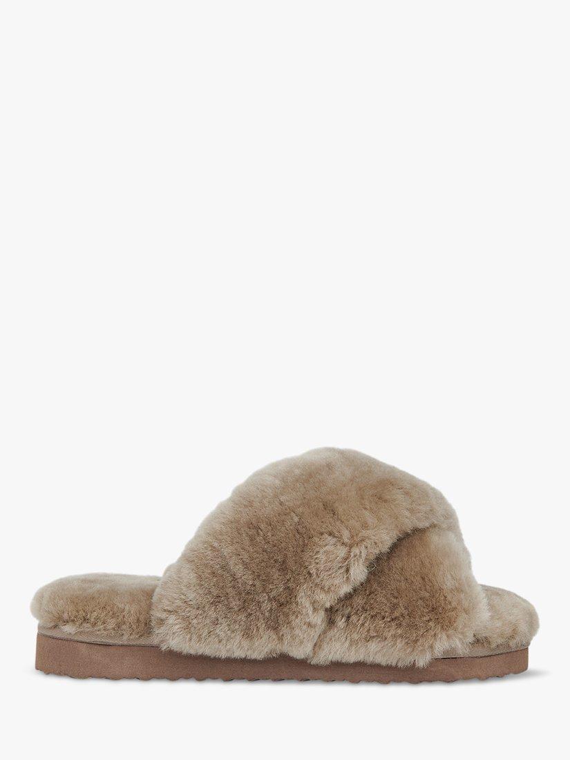 Product image 1 of 4, which shows Whistles Macy Sheepskin Cross Strap Slippers, Taupe, 3