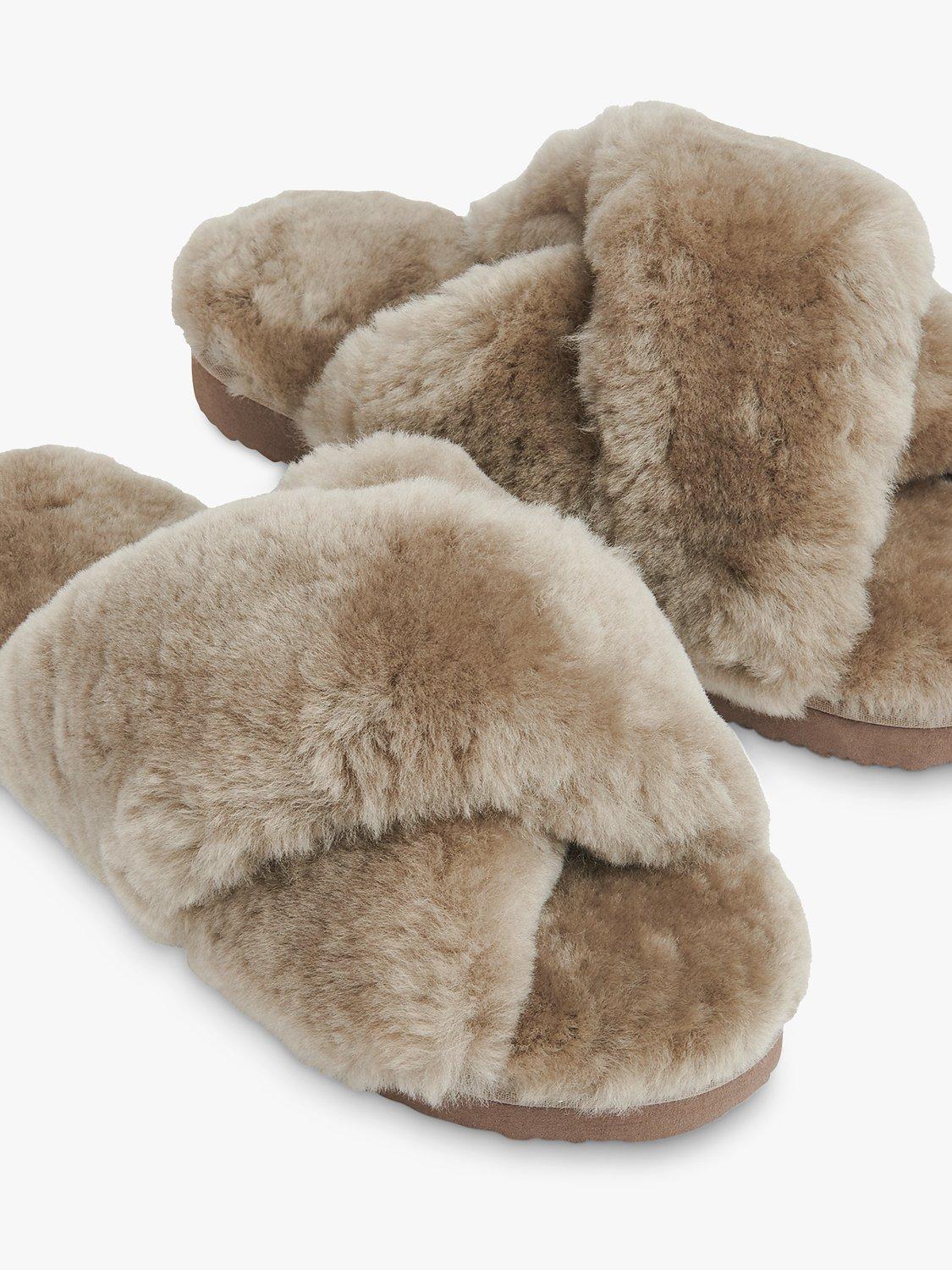 Product image 2 of 4, which shows Whistles Macy Sheepskin Cross Strap Slippers, Taupe, 3