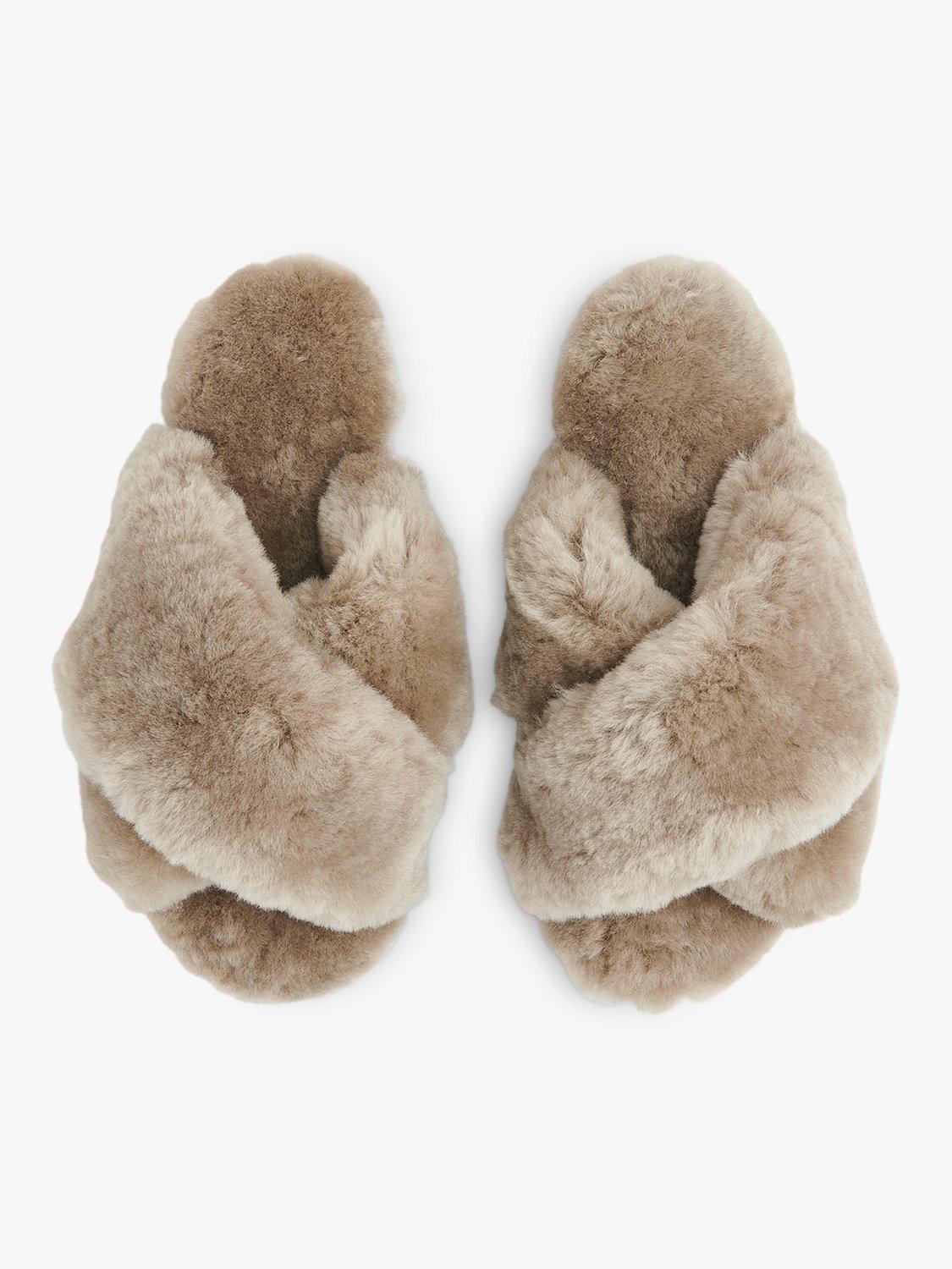 Product image 3 of 4, which shows Whistles Macy Sheepskin Cross Strap Slippers, Taupe, 3