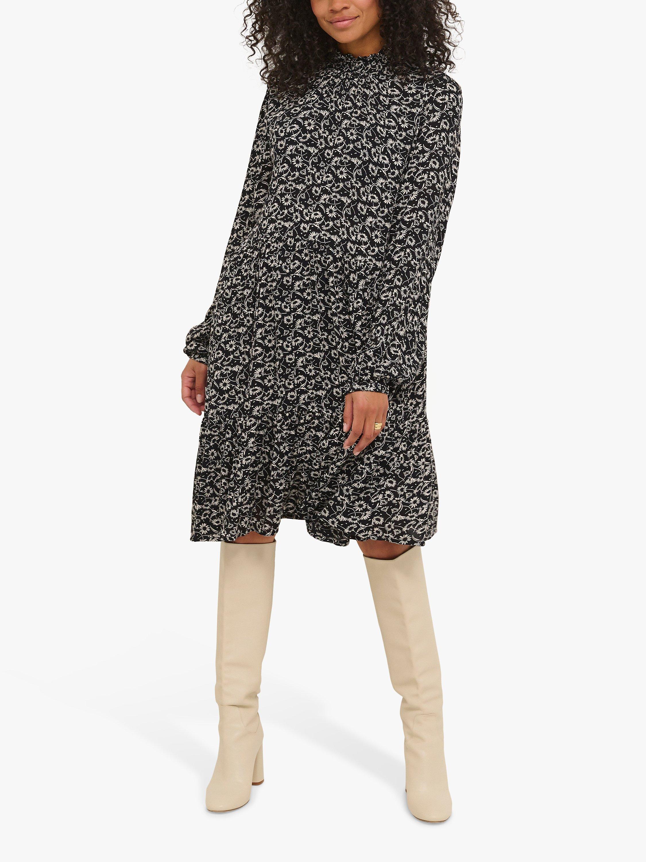 KAFFE Riani Long Sleeve Floral Knee Length Dress, Black/Chalk