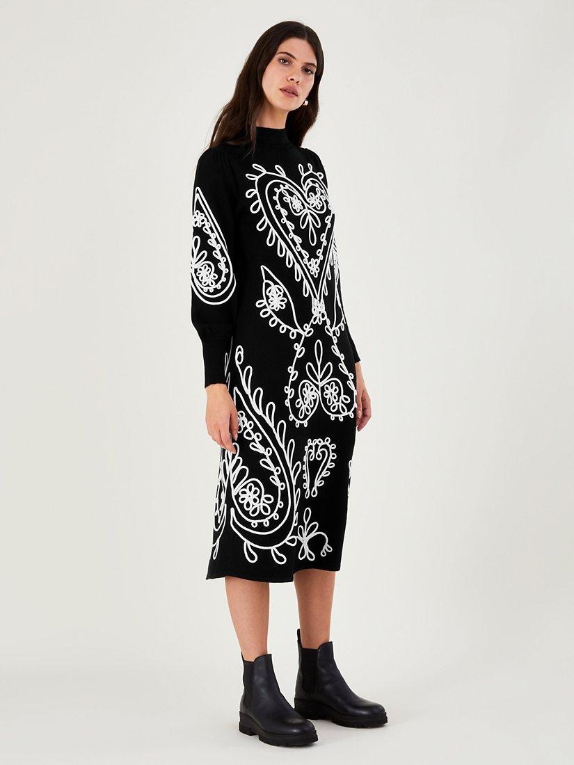 Monsoon Heart Embroidered Midi Jumper Dress, Black/Multi