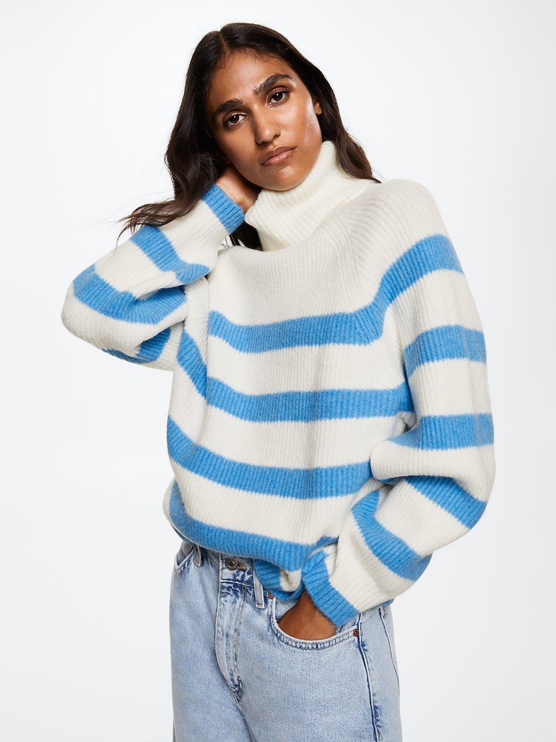 Mango Merlin Stripe Roll Neck Jumper, Blue