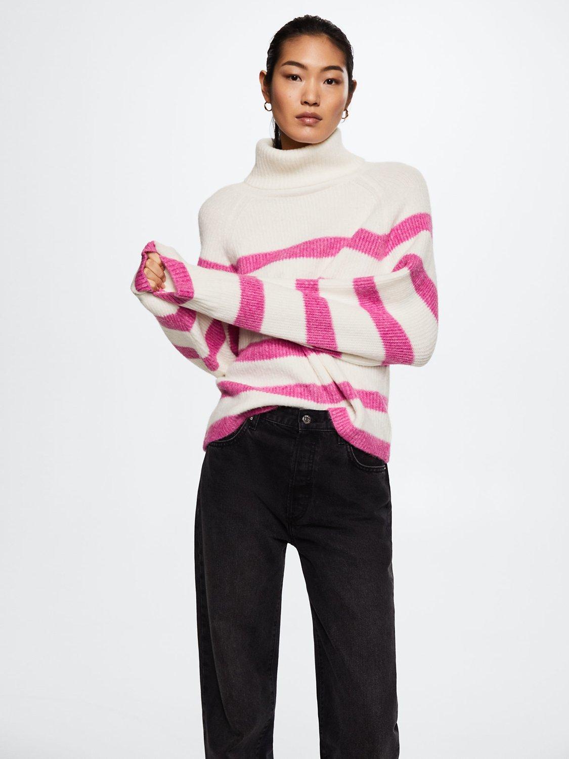 Mango Merlin Stripe Roll Neck Jumper, Bright Pink, M