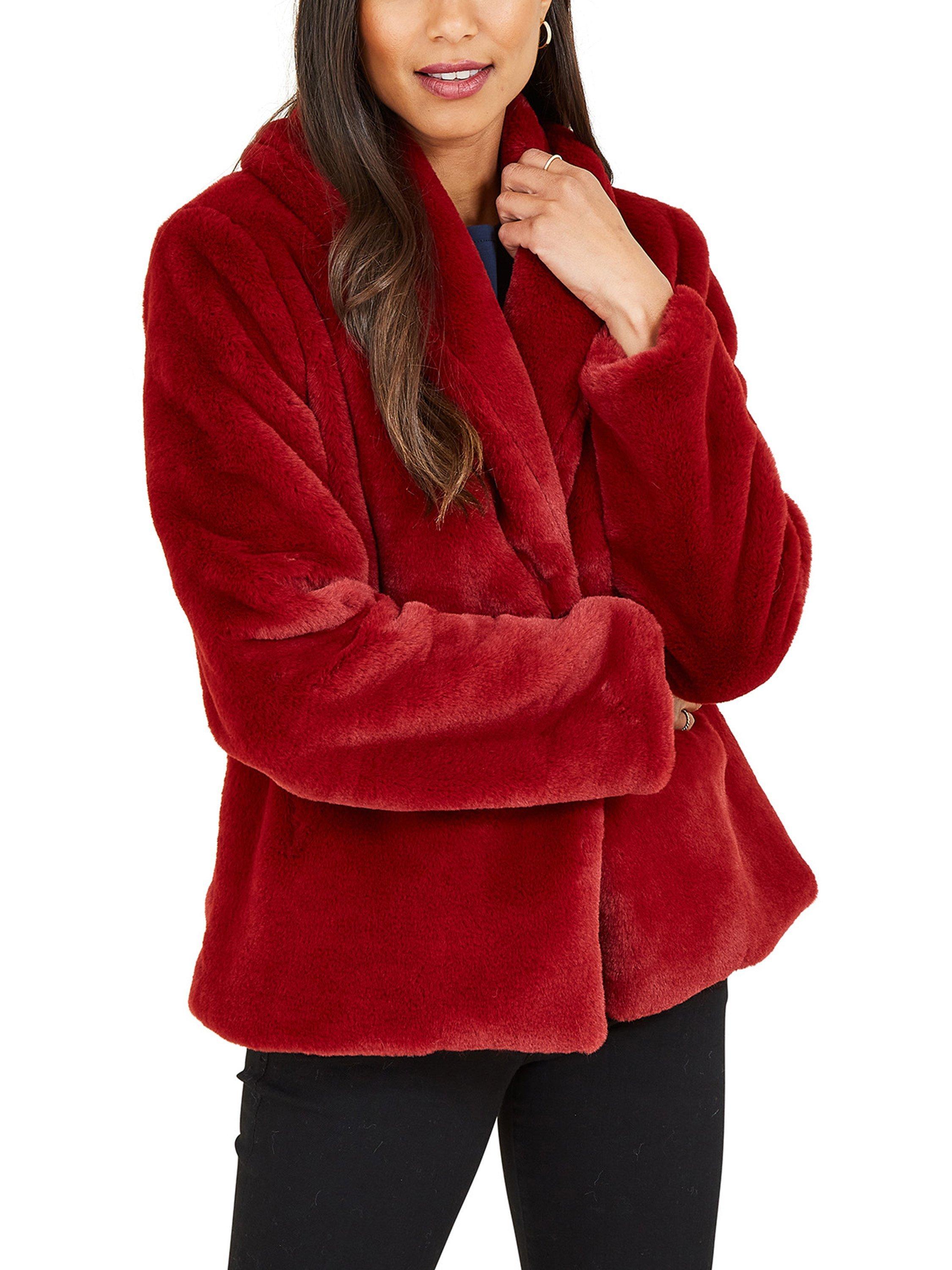 Yumi Short Wrap Faux Fur Coat, Red