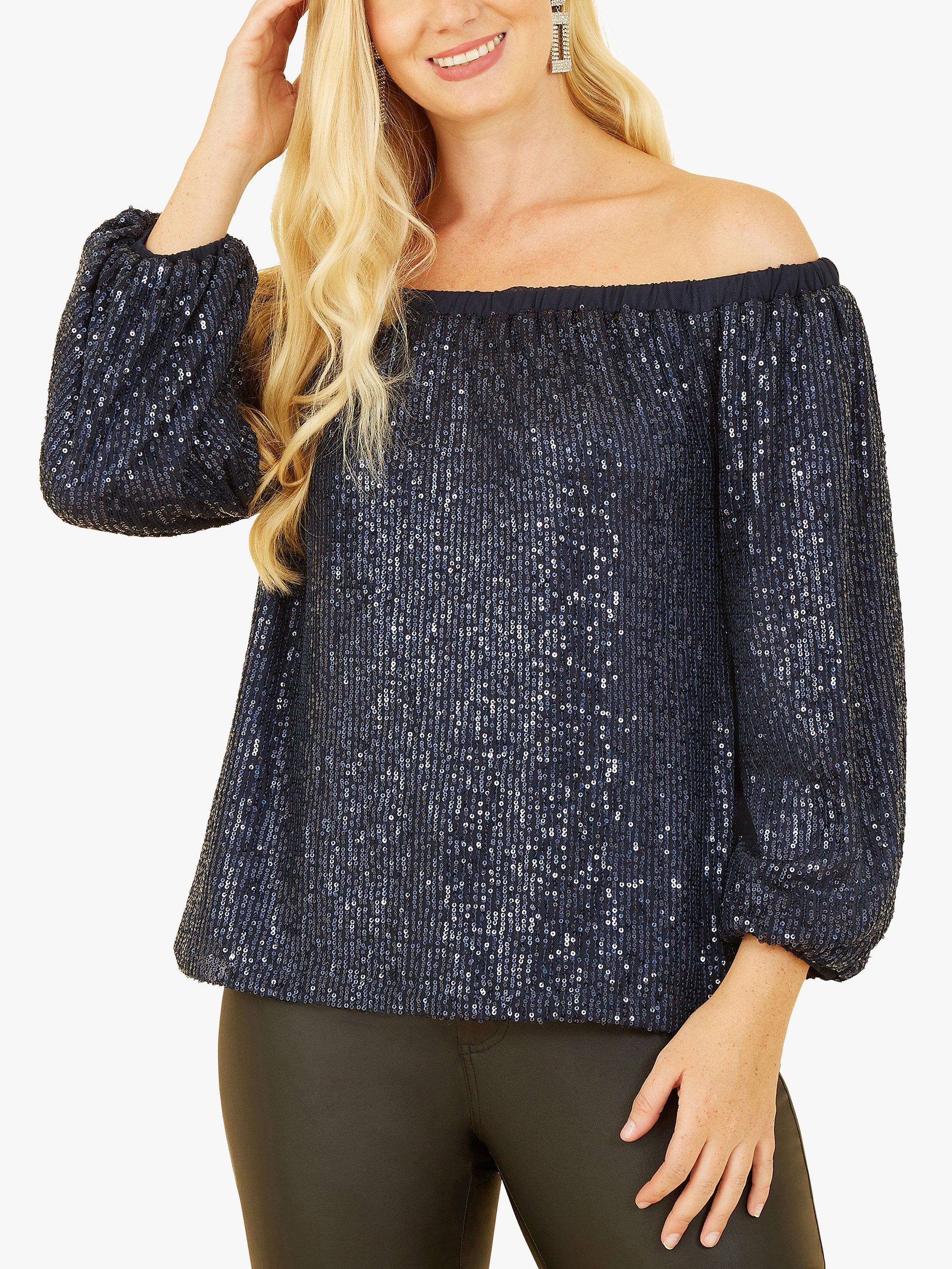 Product image 1 of 4, which shows Yumi Sequin Bardot Top, Navy, 8