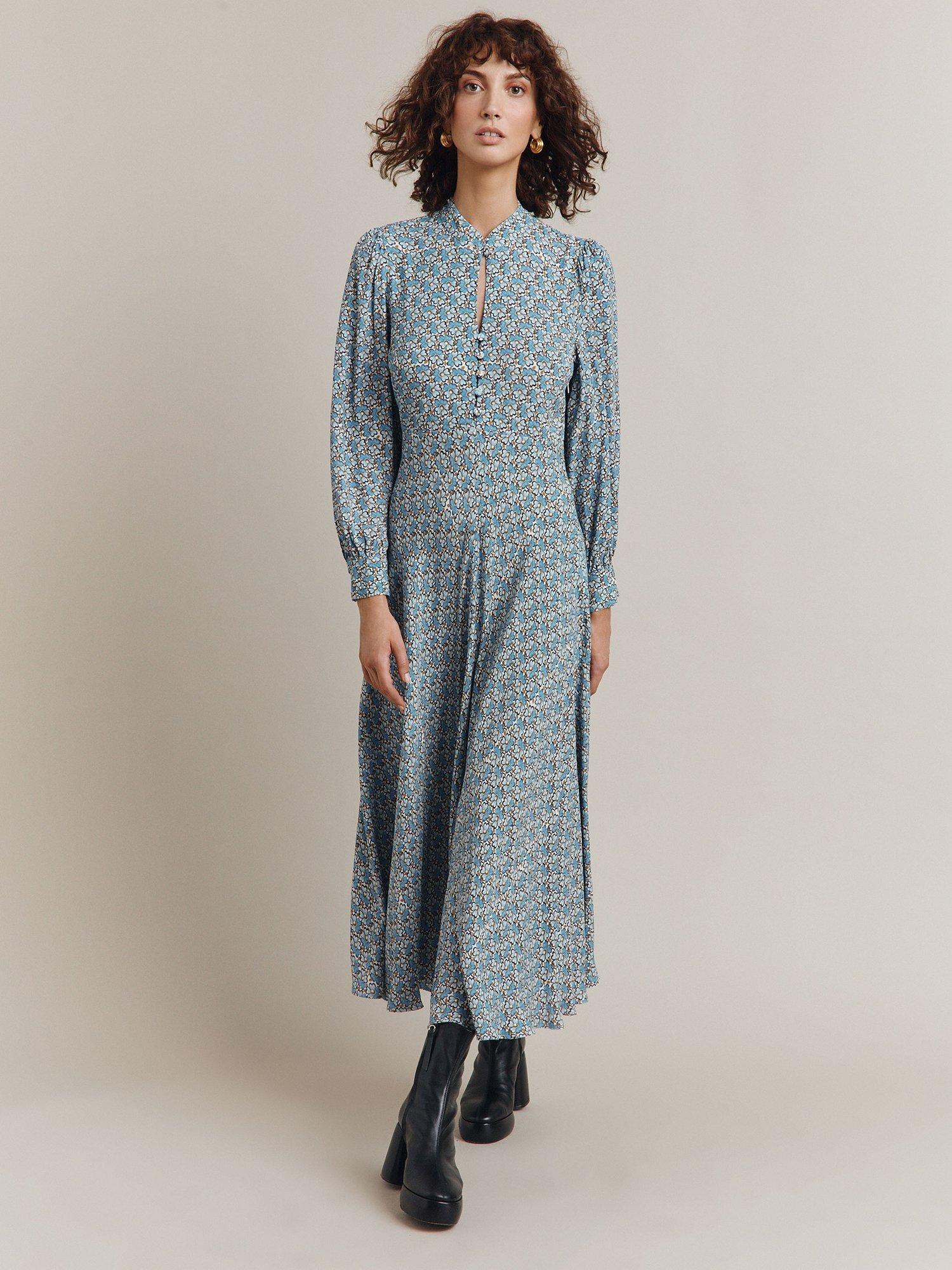 Ghost Audrey Floral Print Midi Dress, Blue/Daisy Dot