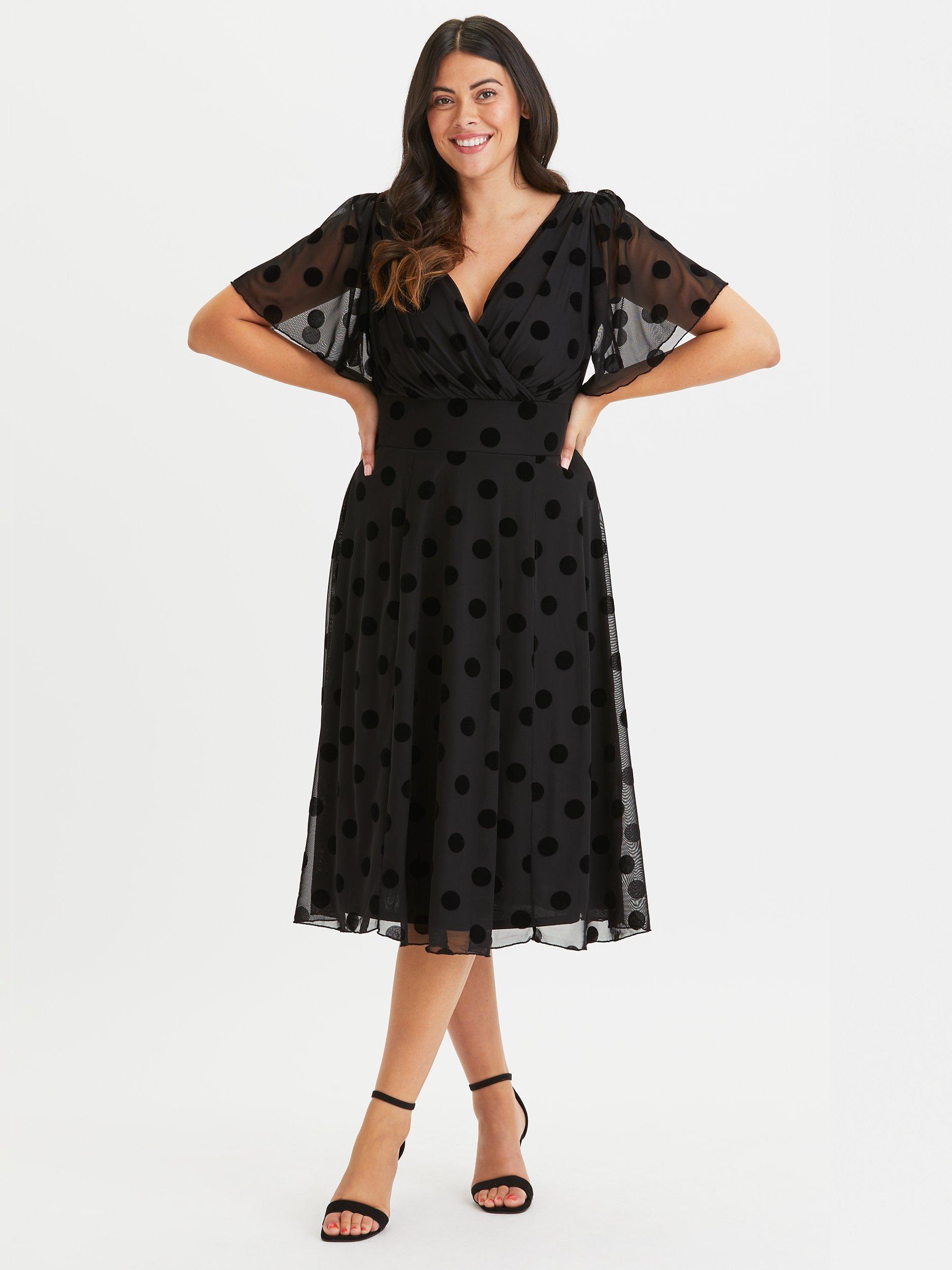 Product image 1 of 4, which shows Scarlett & Jo Velvet Flock Spot Midi Dress, Black, 12