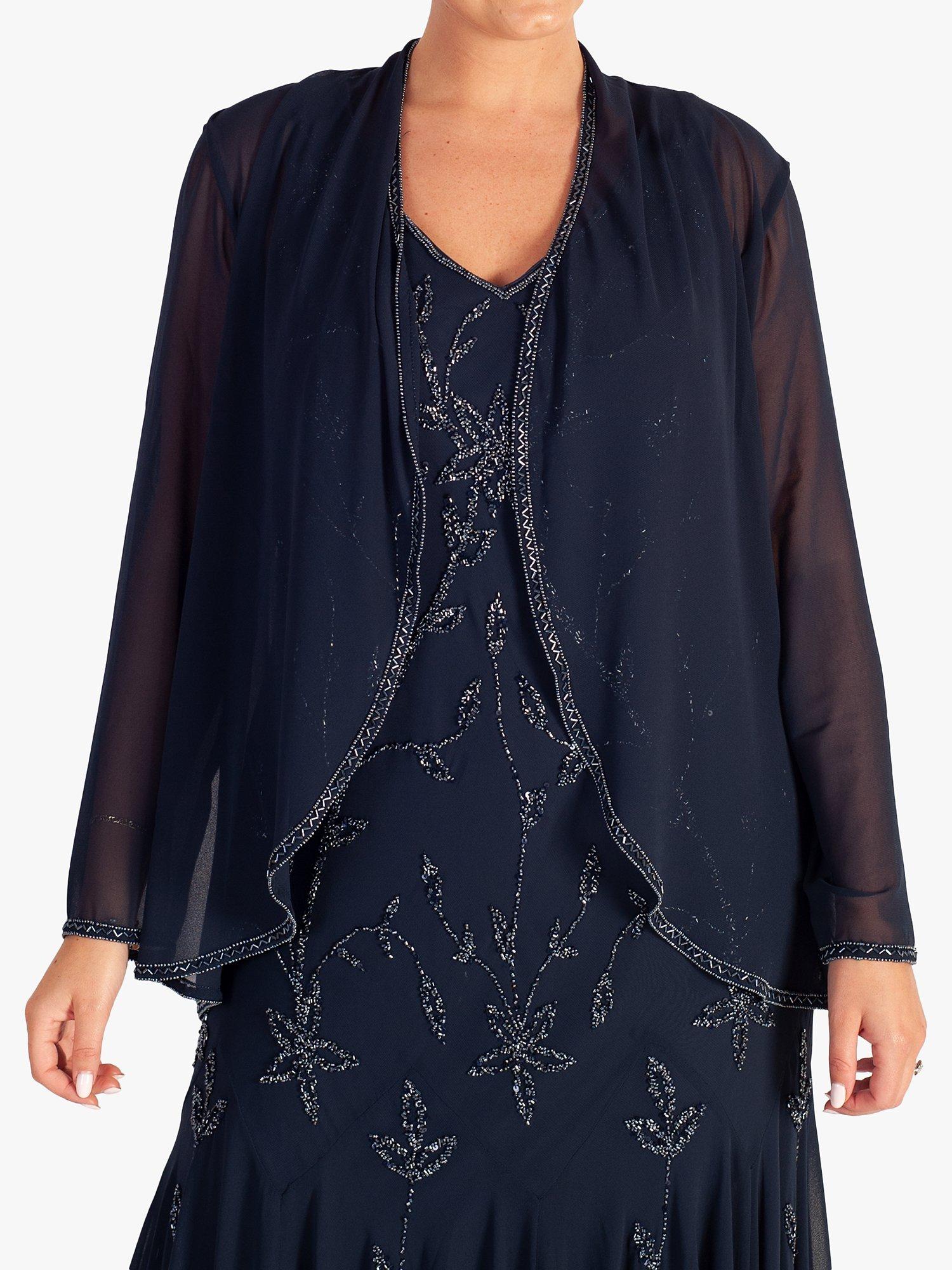 Product image 1 of 5, which shows chesca Beaded Trim Georgette Shrug, Navy, 12