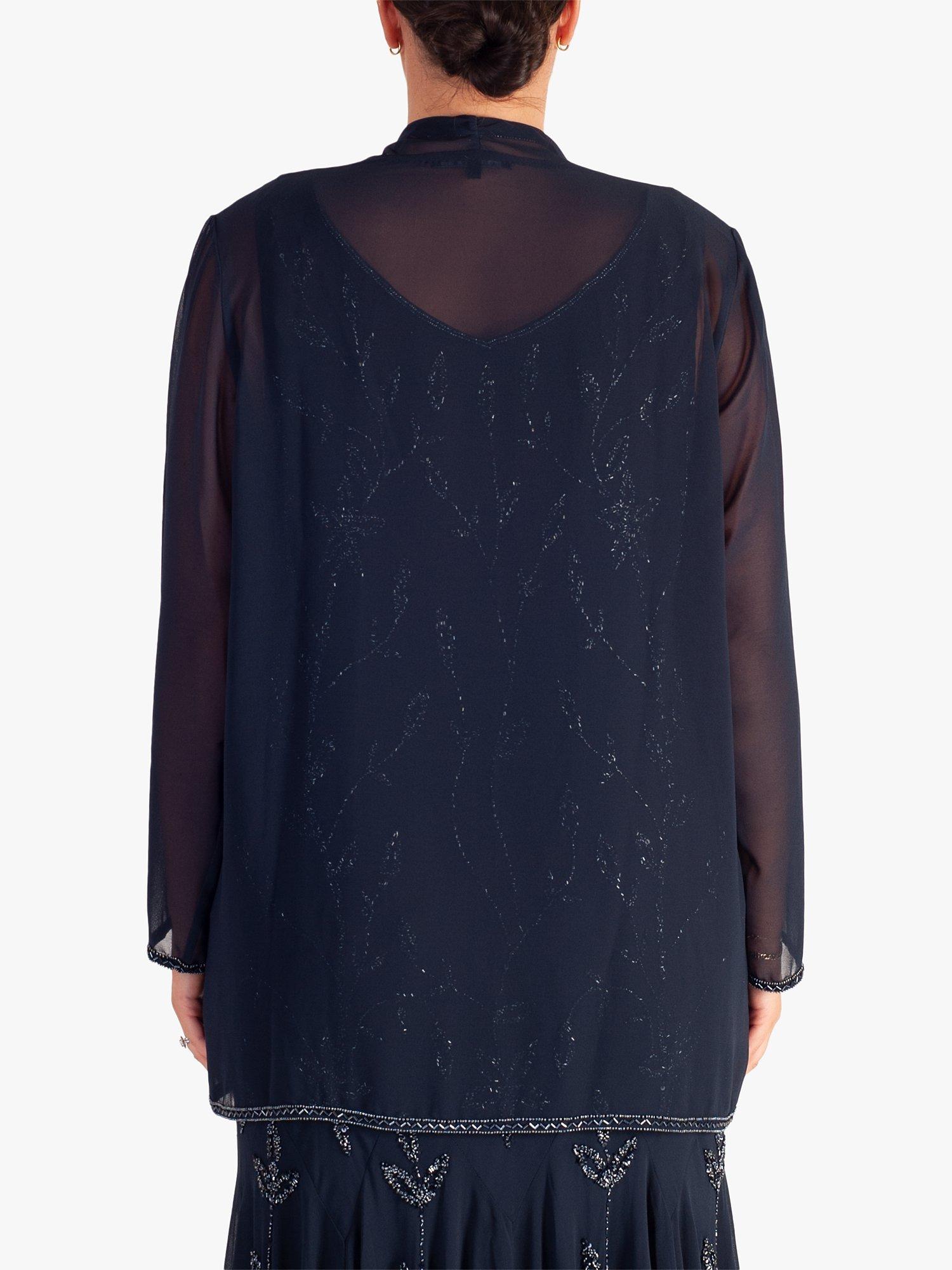 Product image 2 of 5, which shows chesca Beaded Trim Georgette Shrug, Navy, 12