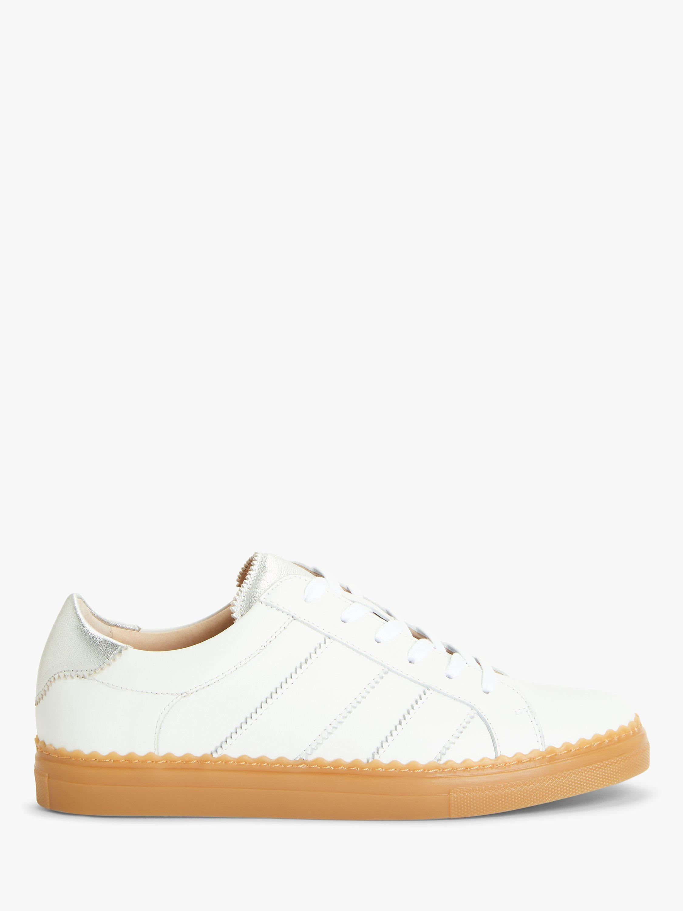 John Lewis Ffion Leather Scallop Edge Stripe Lace Up Trainers, White/Silver