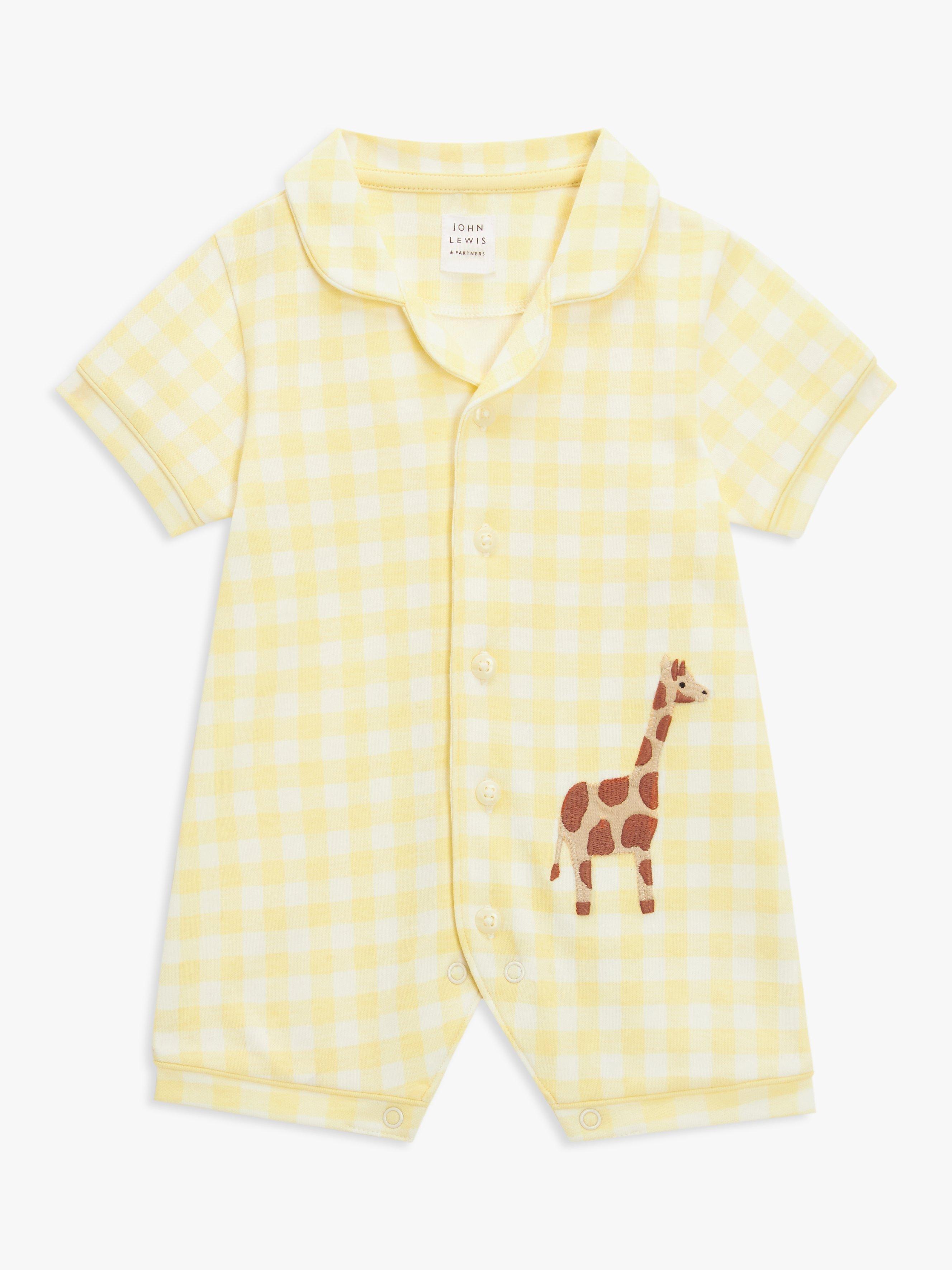 John Lewis Baby Giraffe Applique Gingham Short Romper, Yellow