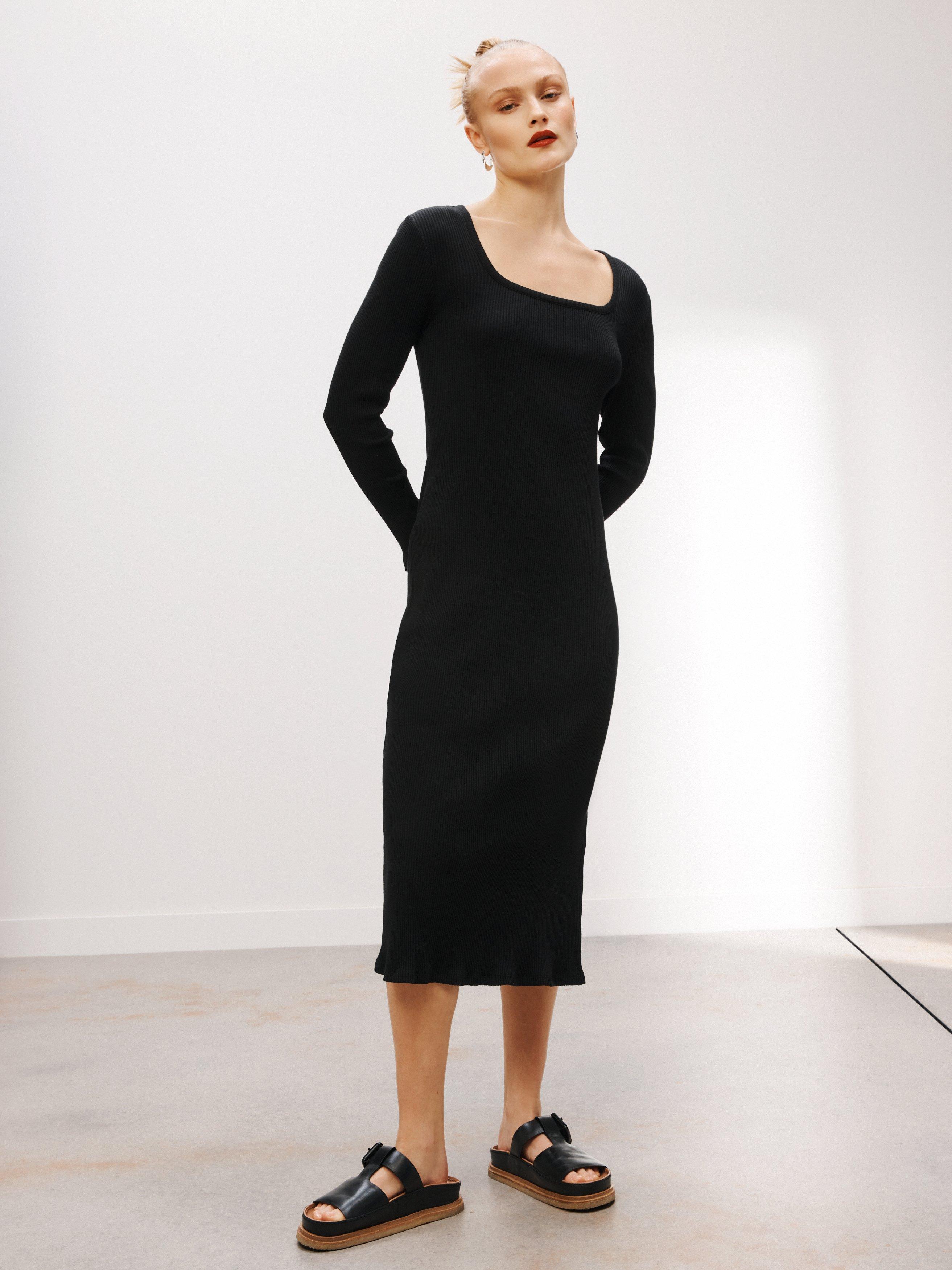 John Lewis Ribbed Cotton Square Neck Dress, Black
