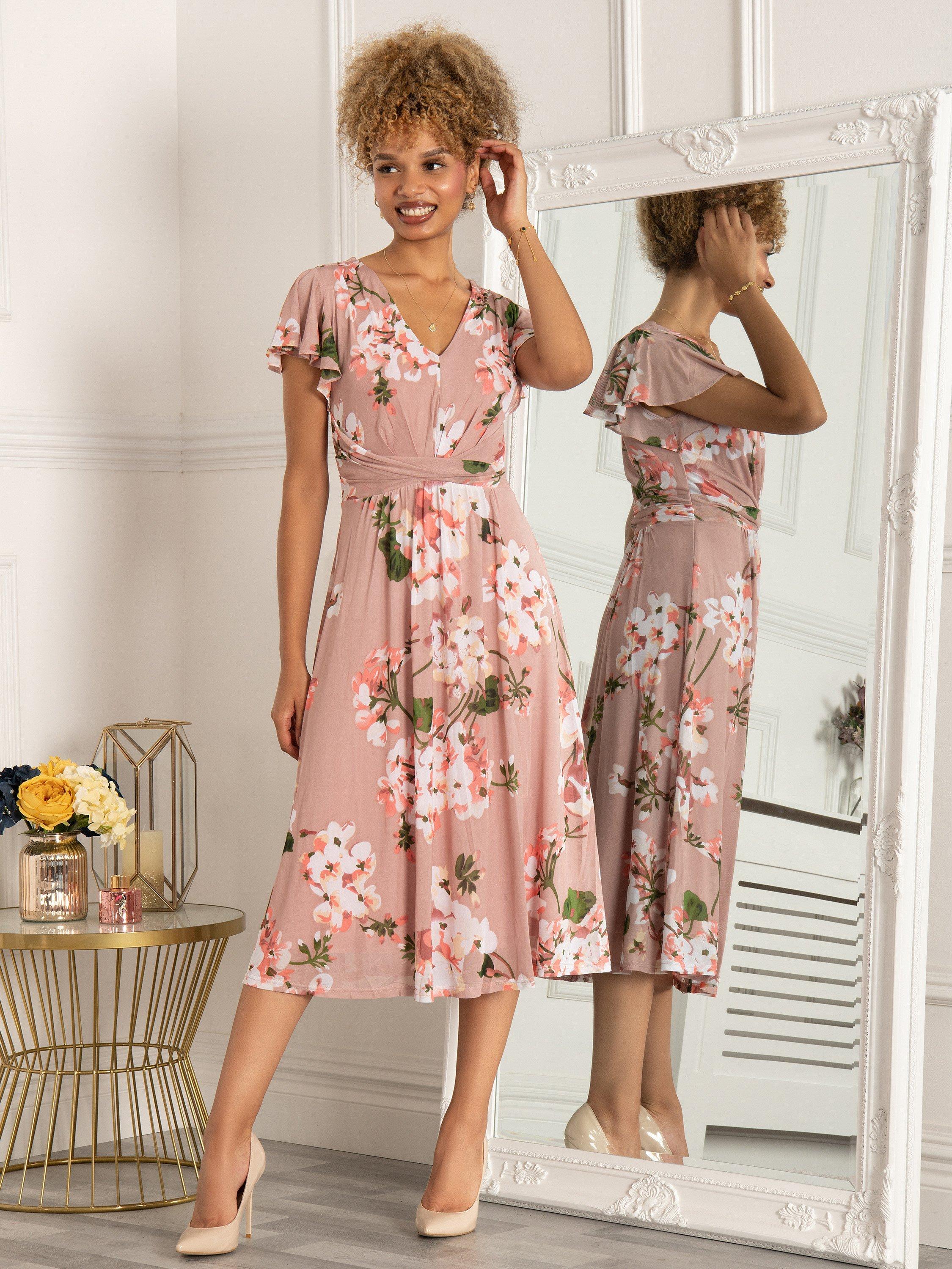 Jolie Moi Shirley Floral Print Mesh Midi Dress Dusty Pink