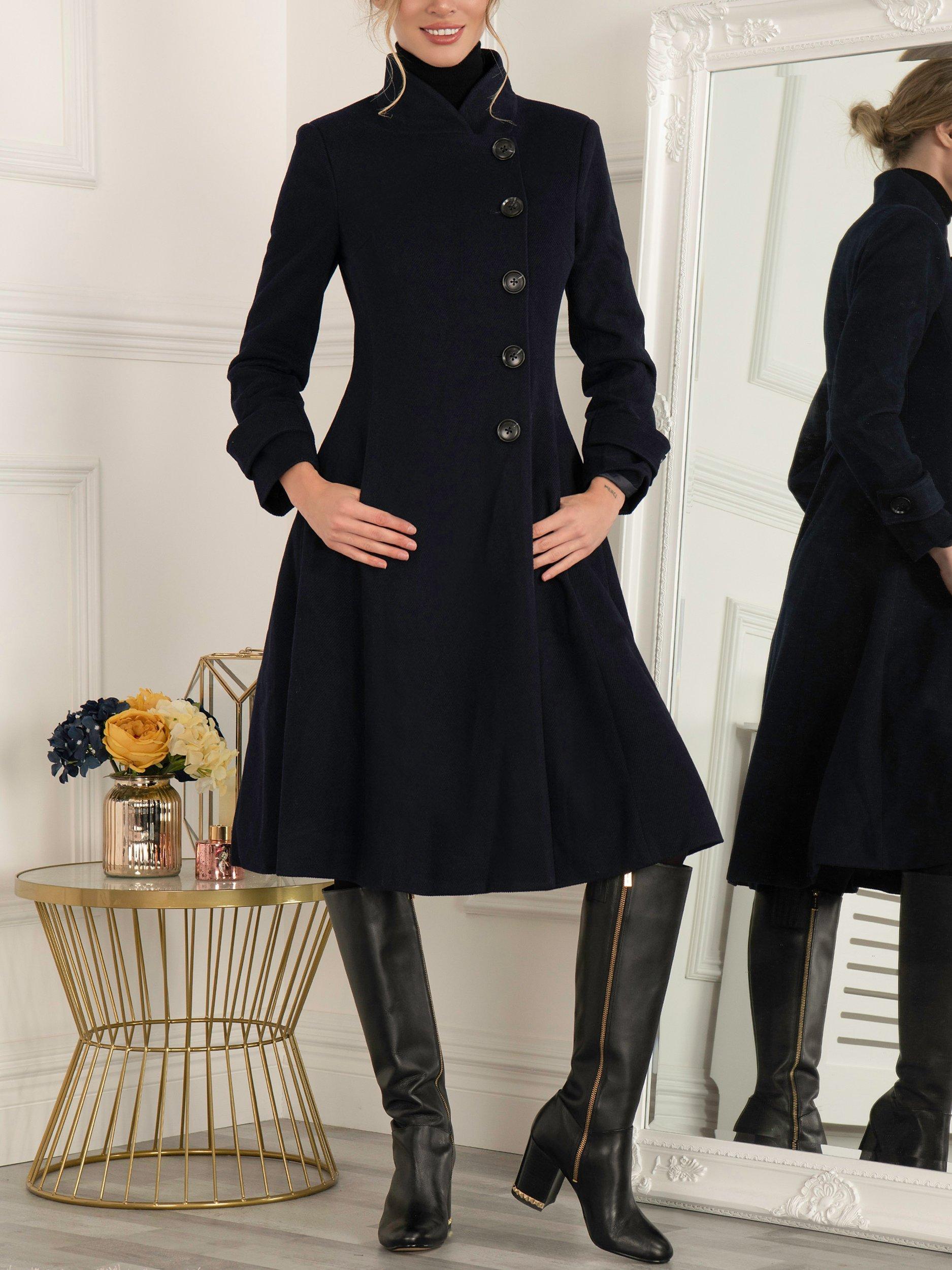 Jolie Moi Button Front Fit & Flare Coat, Navy