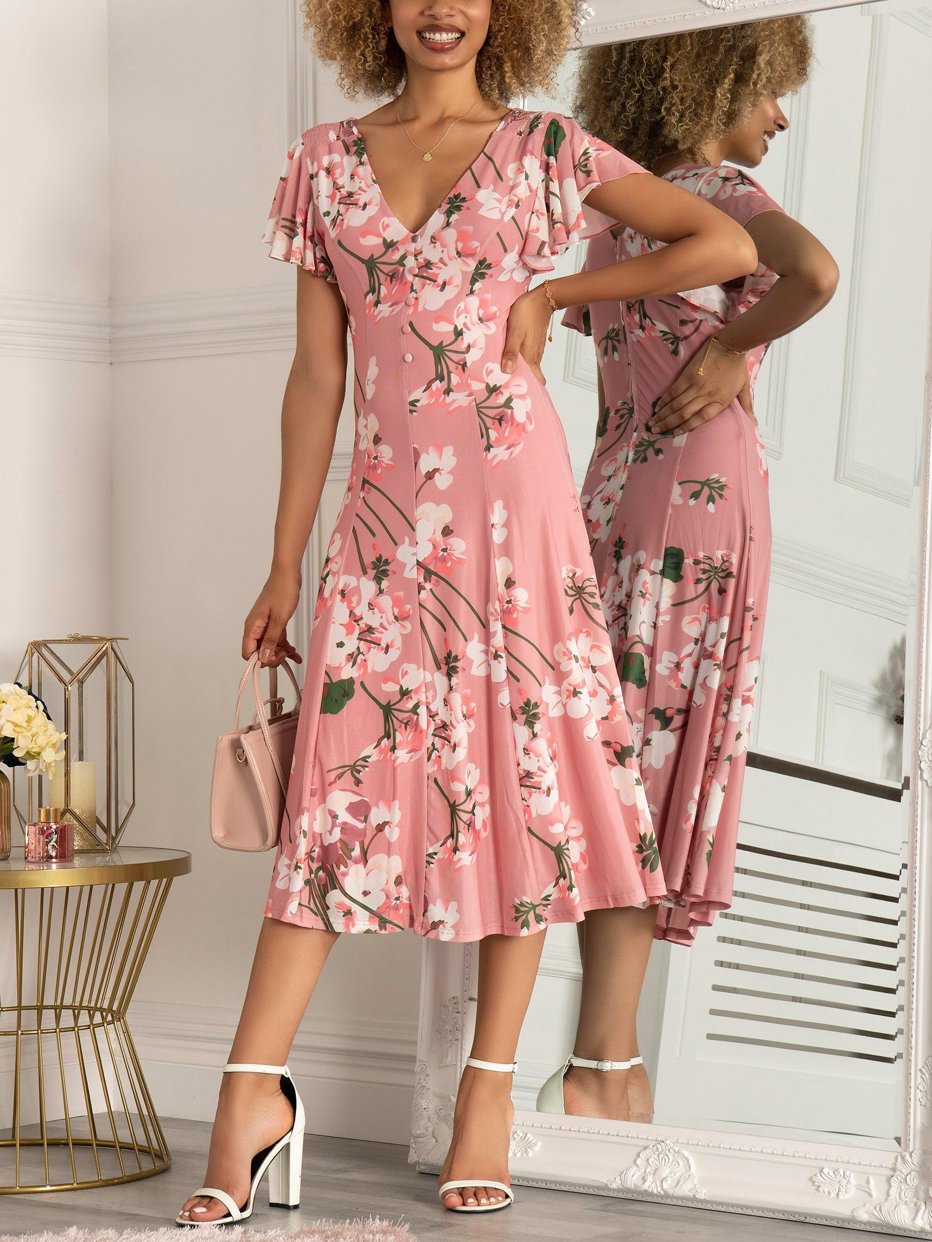 Jolie Moi Bellona Fit & Flare Floral Mesh Knee Length Dress, Coral Pink
