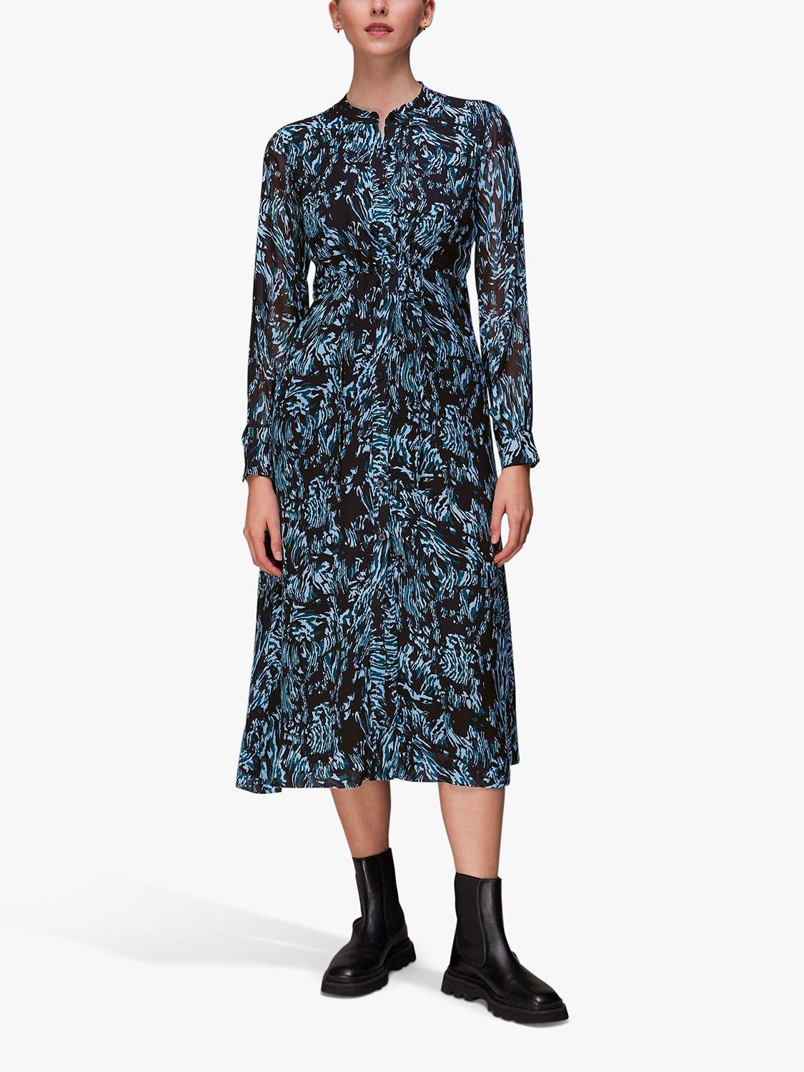 Whistles Wood Tiger Print Midi Dress, Blue/Multi