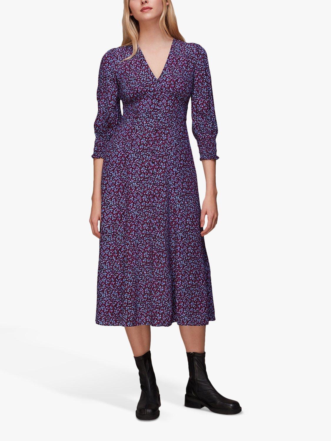Whistles Floral Garden Print Midi Dress, Purple/Multi
