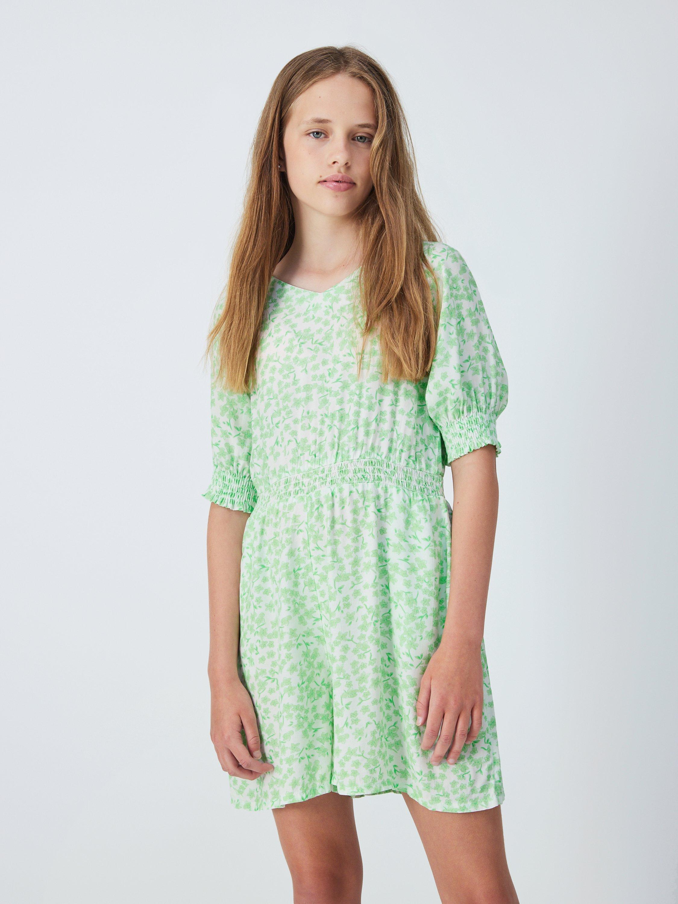 John Lewis Kids' Crepe Floral Playsuit, Off White/Green