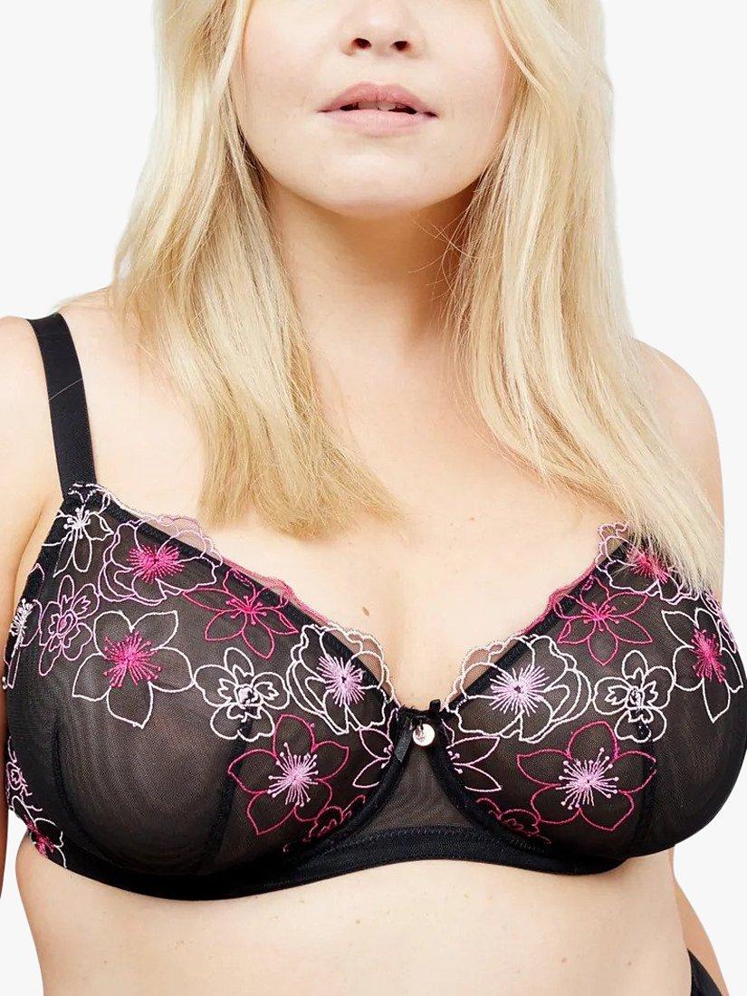 Product image 1 of 6, which shows Oola Lingerie Embroidered Lace Balcony Bra, Black, 44F