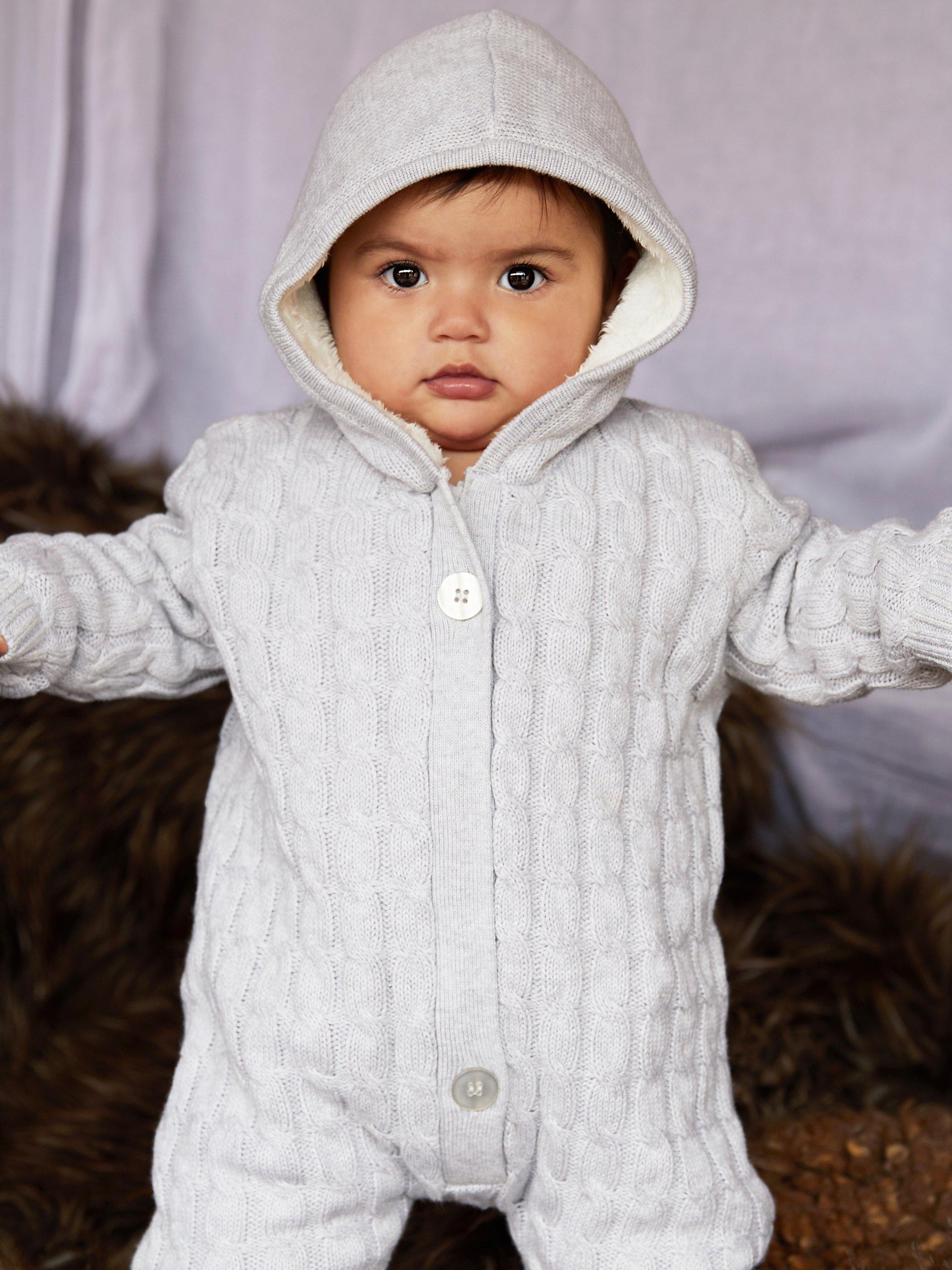 Baby knitted snowsuit with fur hood hotsell