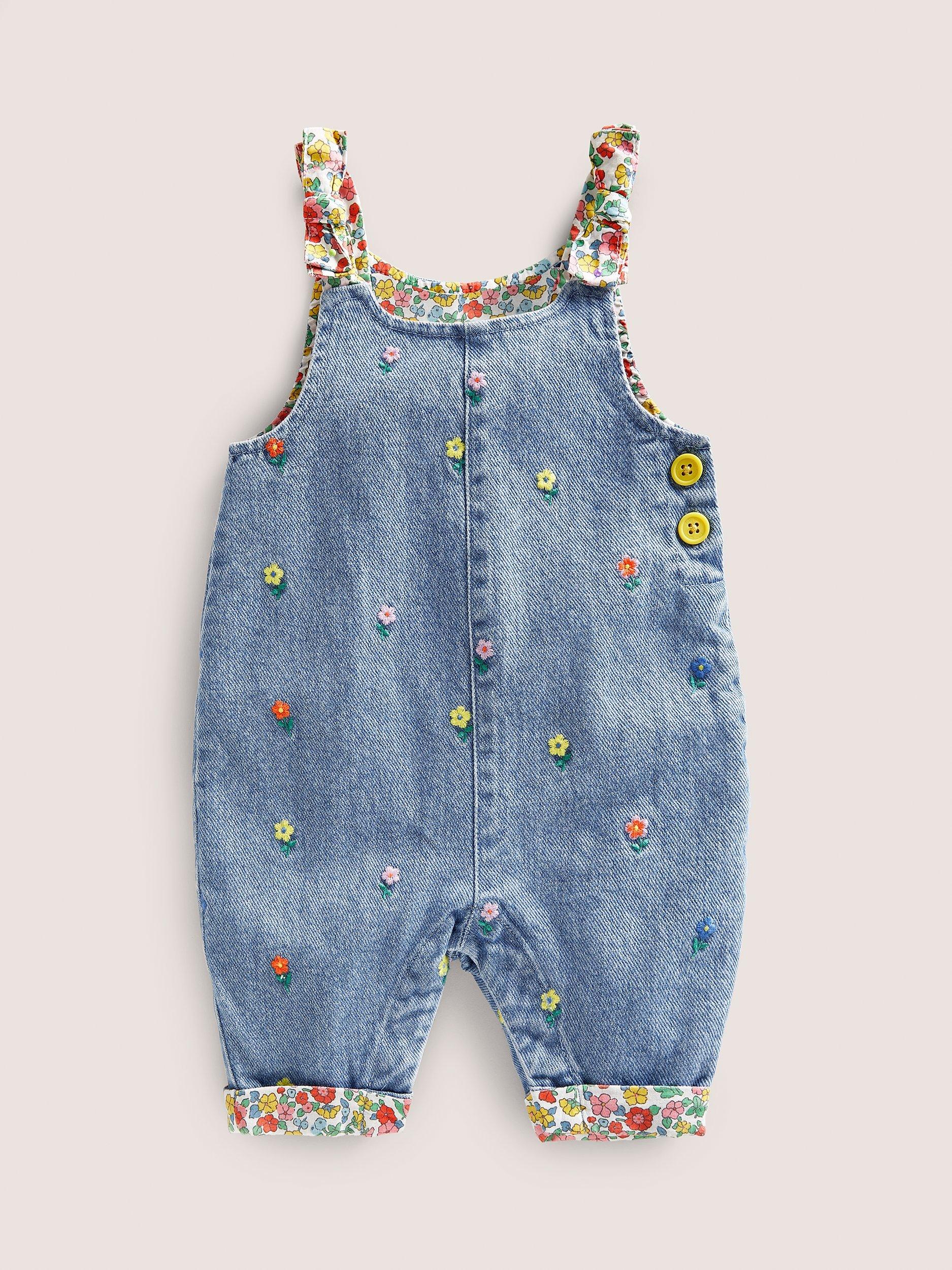 Mini Boden Baby Bow Detail Embroidered Cotton Denim Dungarees, Denim Blue