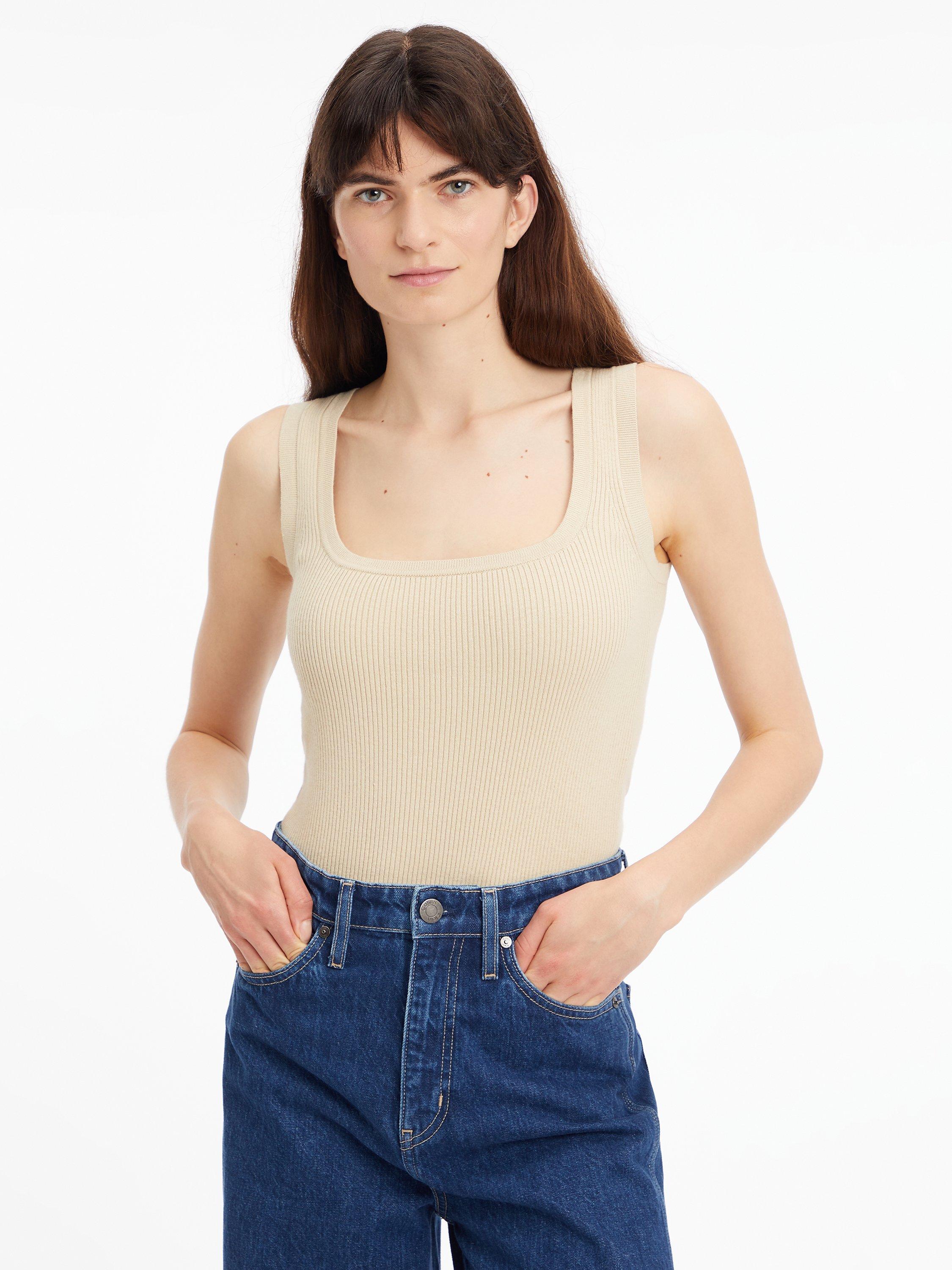 Calvin Klein Rib Square Neck Tank Top, White Clay