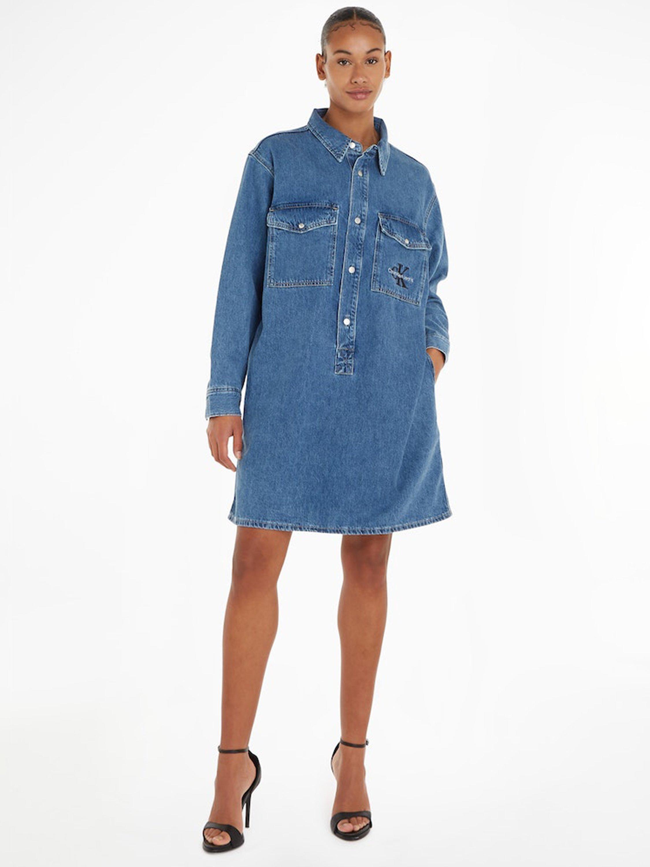 Product image 1 of 5, which shows Calvin Klein Utility Denim Shirt Dress, Light Blue, XS