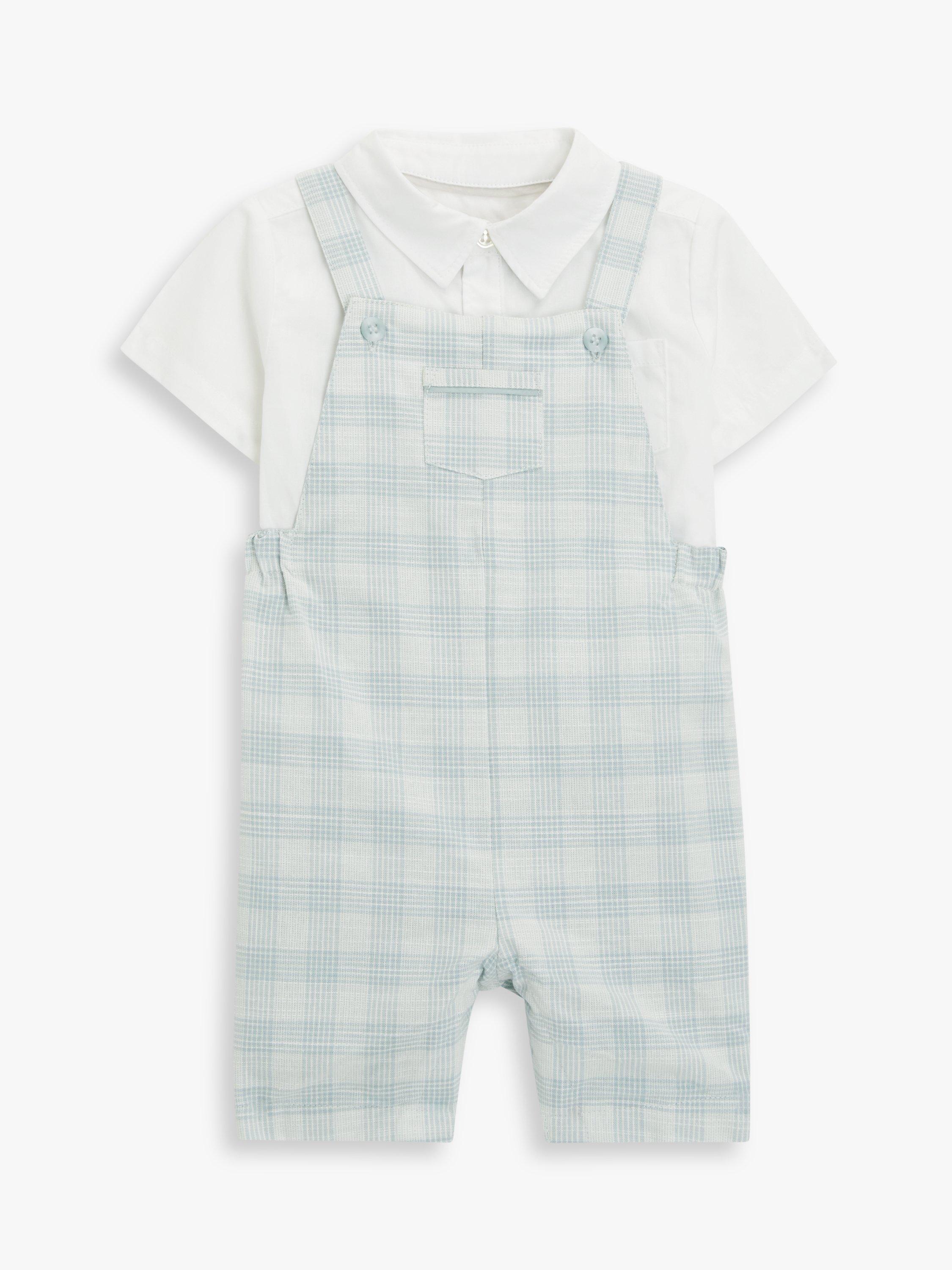 John Lewis Heirloom Collection Baby Check Short Dungarees & Shirt Set, Light Blue