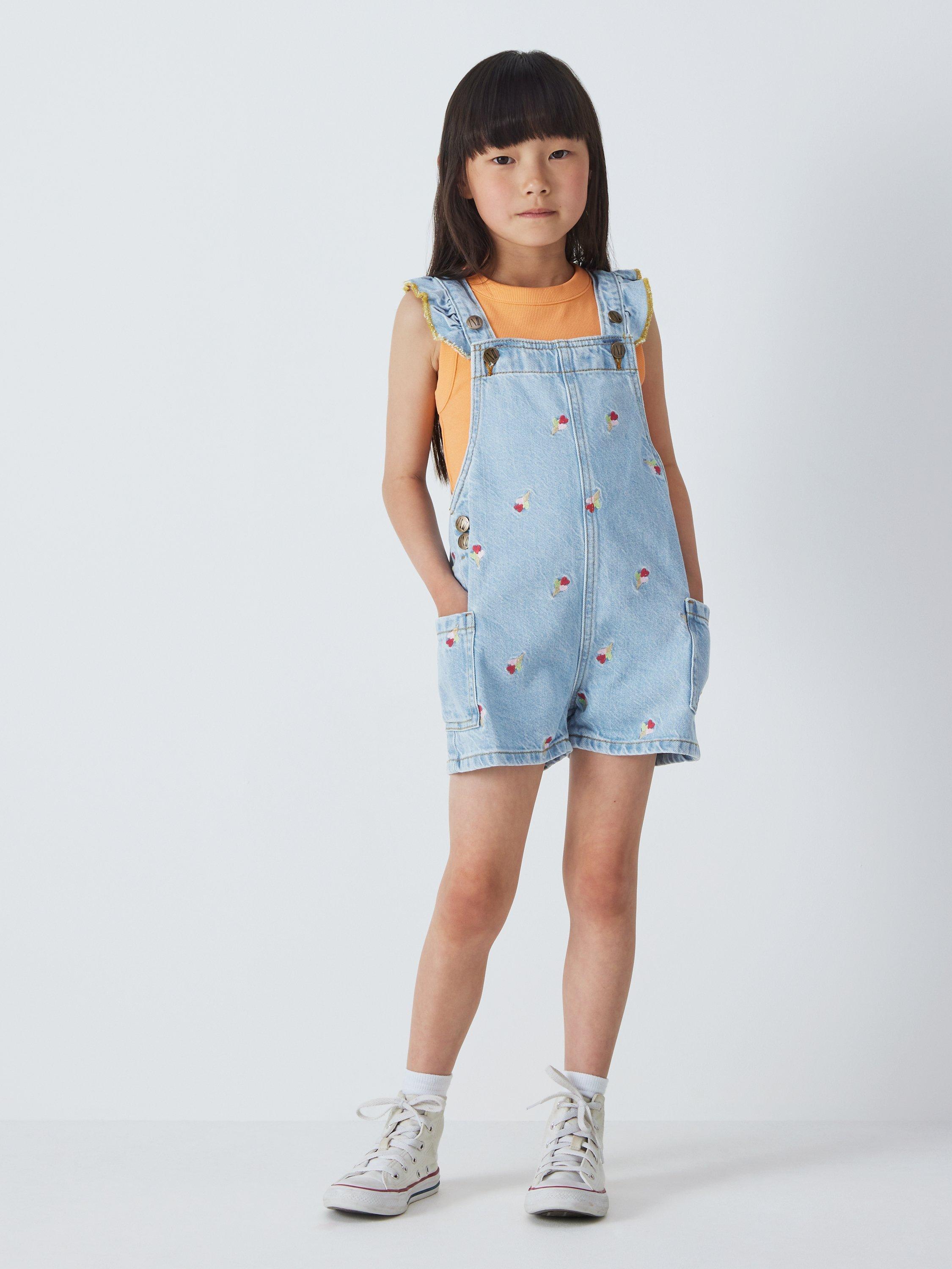 John Lewis Kids' Frilly Ice Cream Embroidered Bib Denim Playsuit, Light Blue