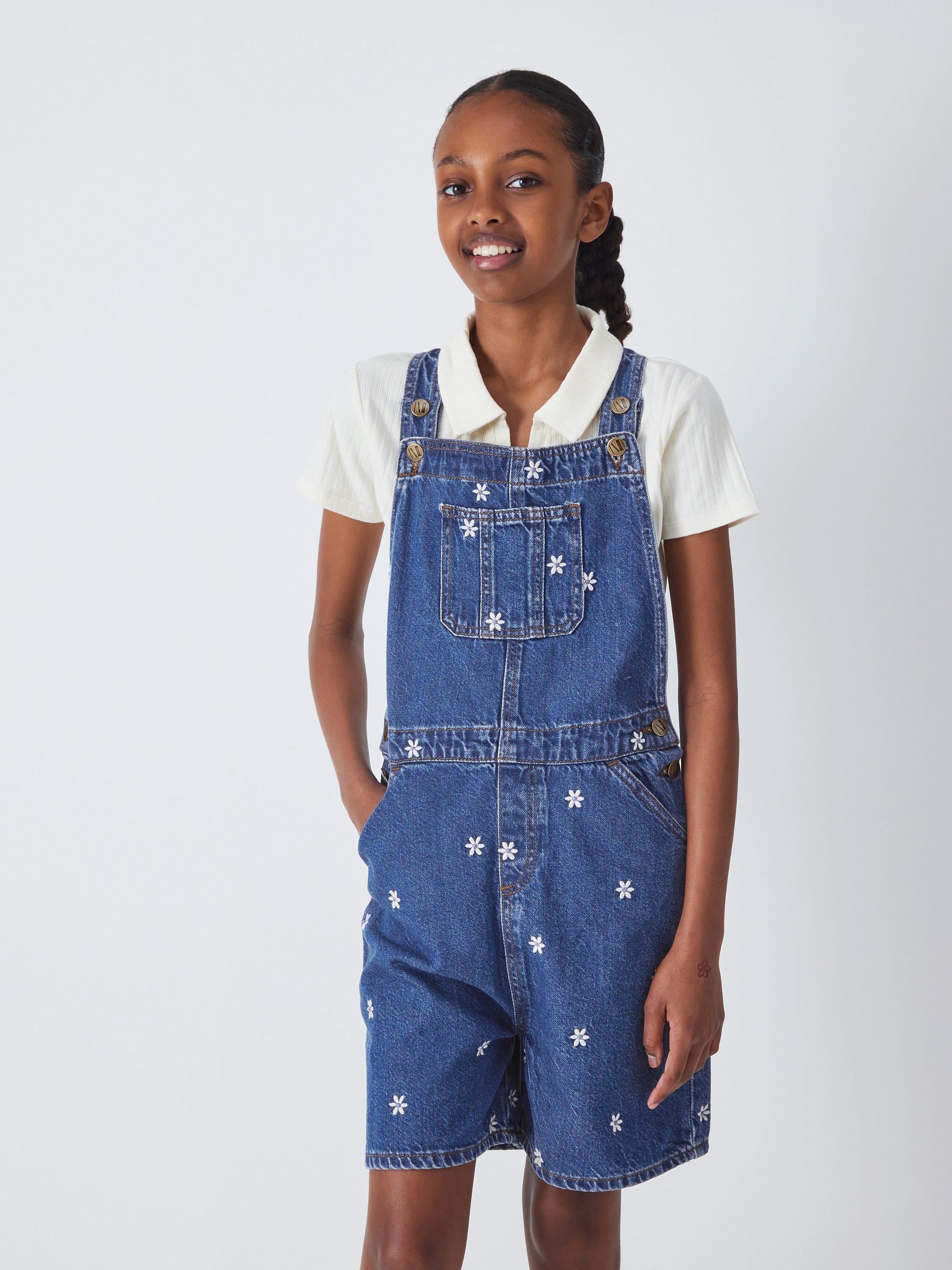 John Lewis Kids' Daisy Embroidered Bib Denim Short Dungarees, Blue