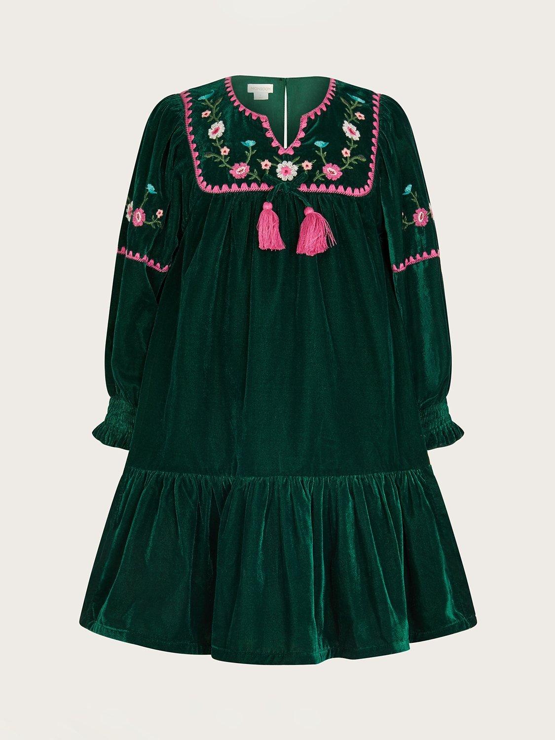 Monsoon Kids' Boutique Velvet Rose Embroidered Dress, Green