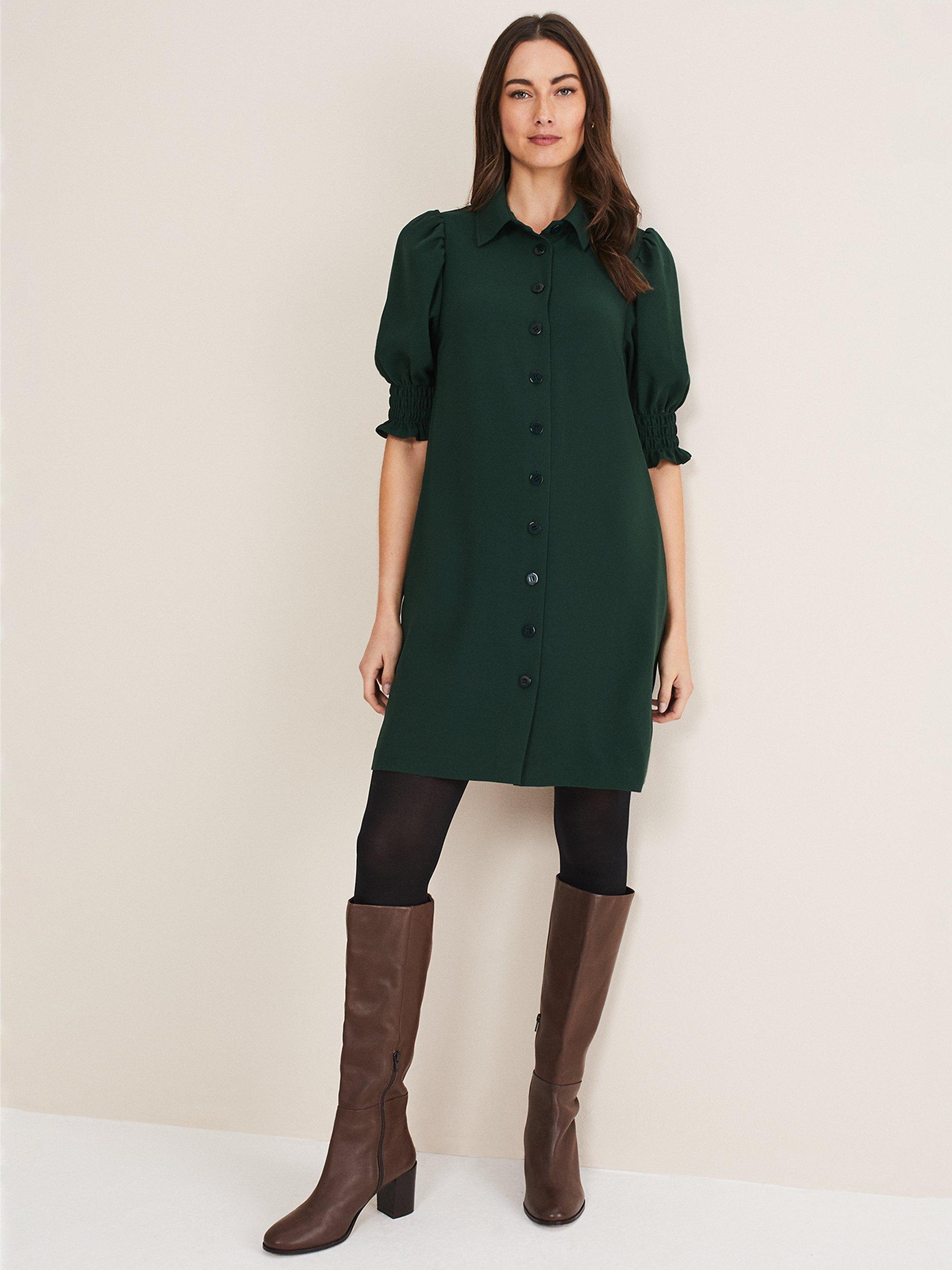 Phase Eight Candice Puff Sleeve Shirt Dress, Dark Green, 14