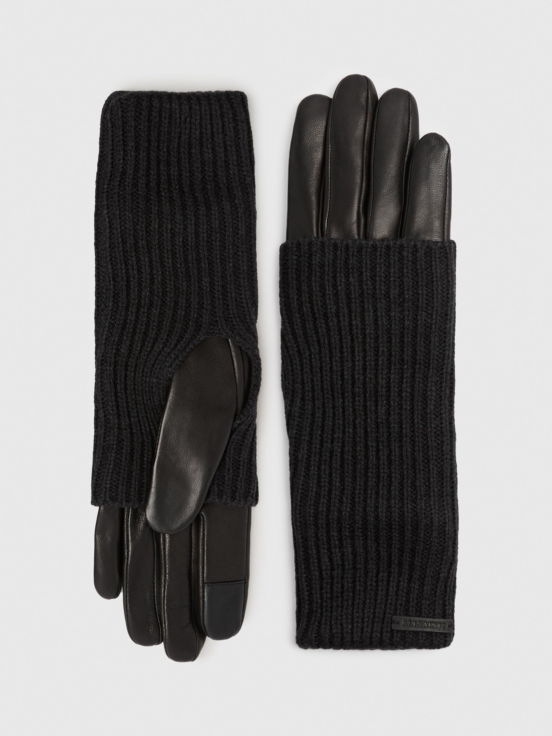 AllSaints Zoya Knitted Cuff Leather Gloves, Black