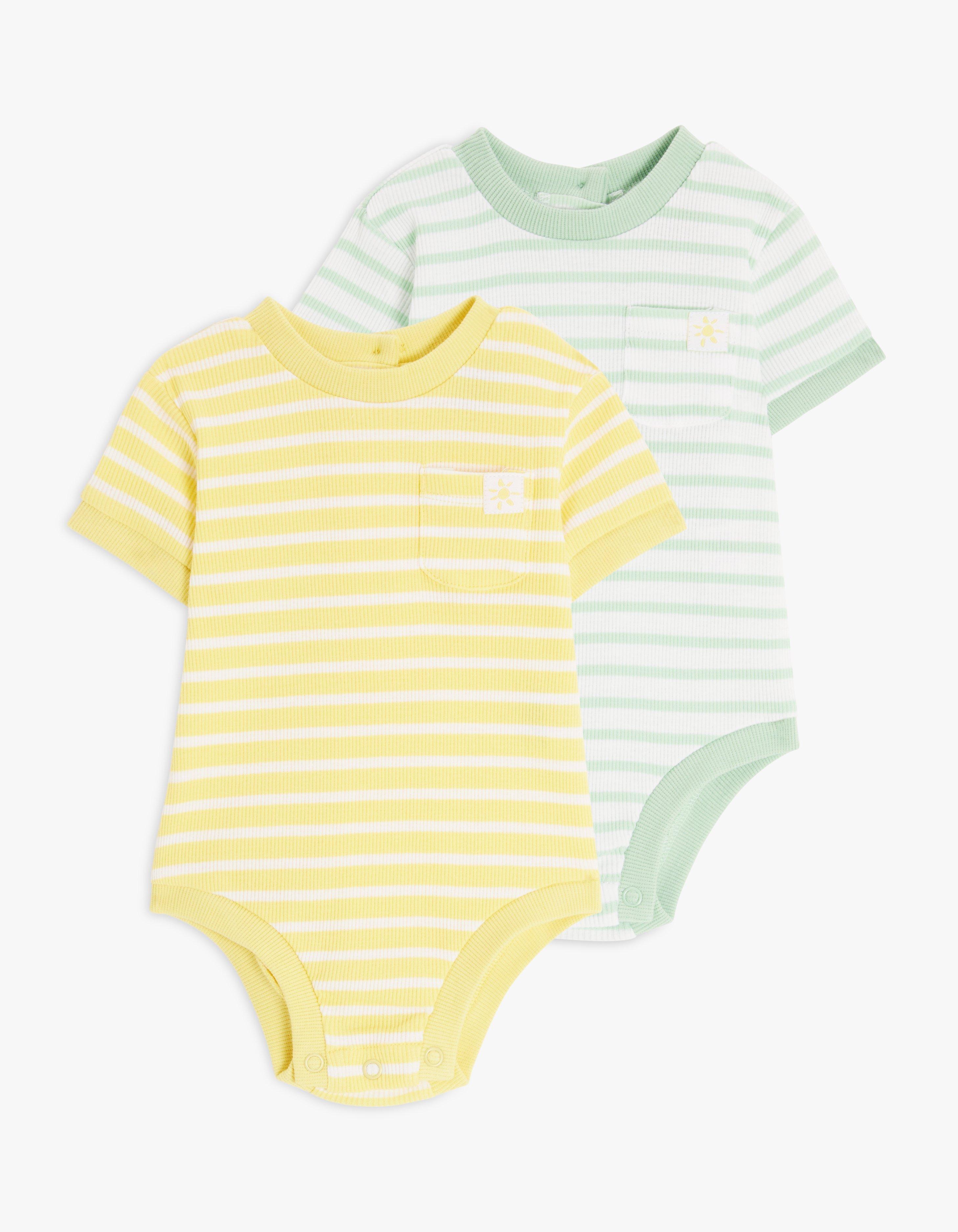 John Lewis Baby Stripe Ribbed Bodysuit, Pack of 2, Yellow/Green