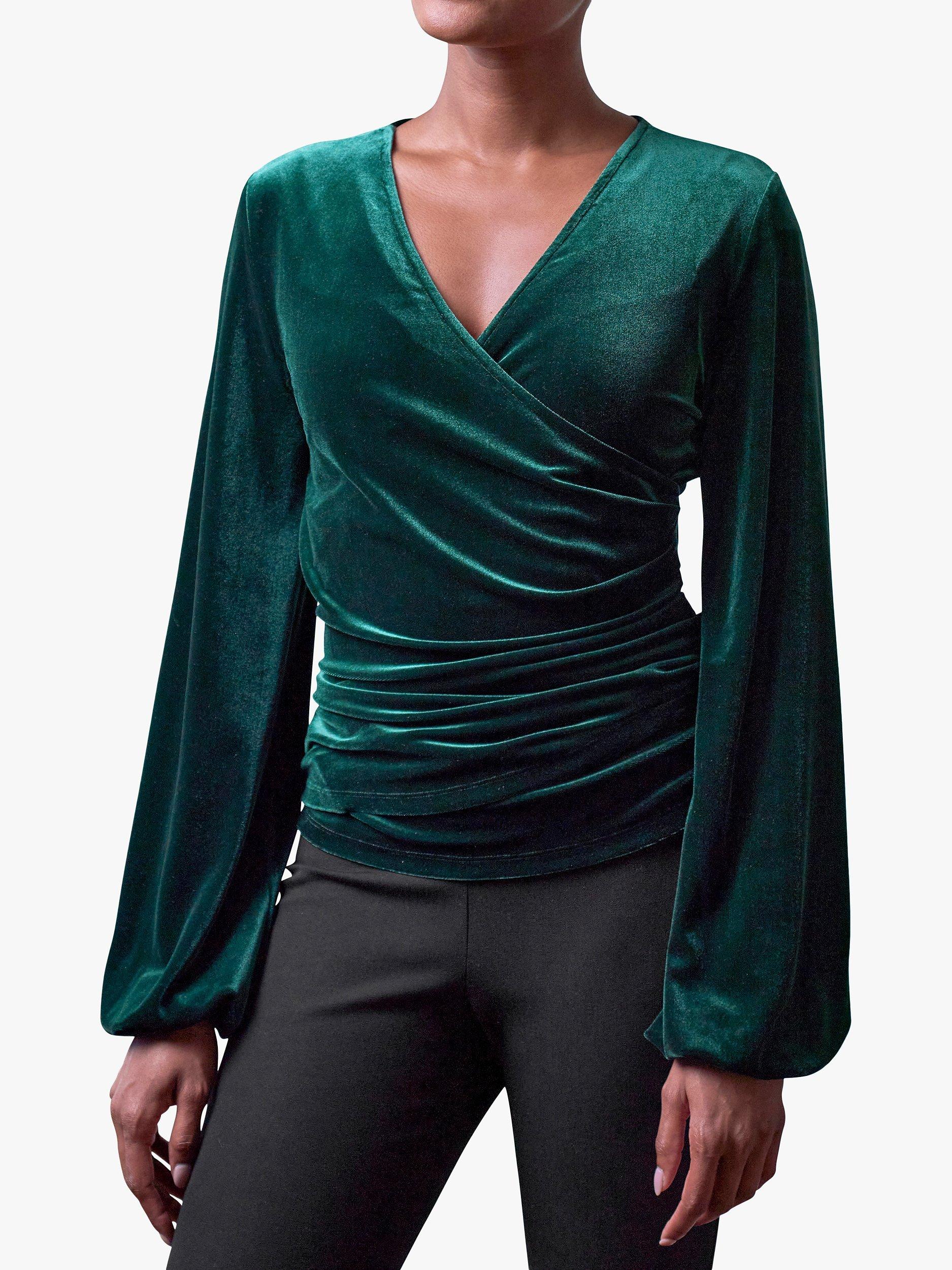 Pure Collection Velour Wrap Top, Forest Green