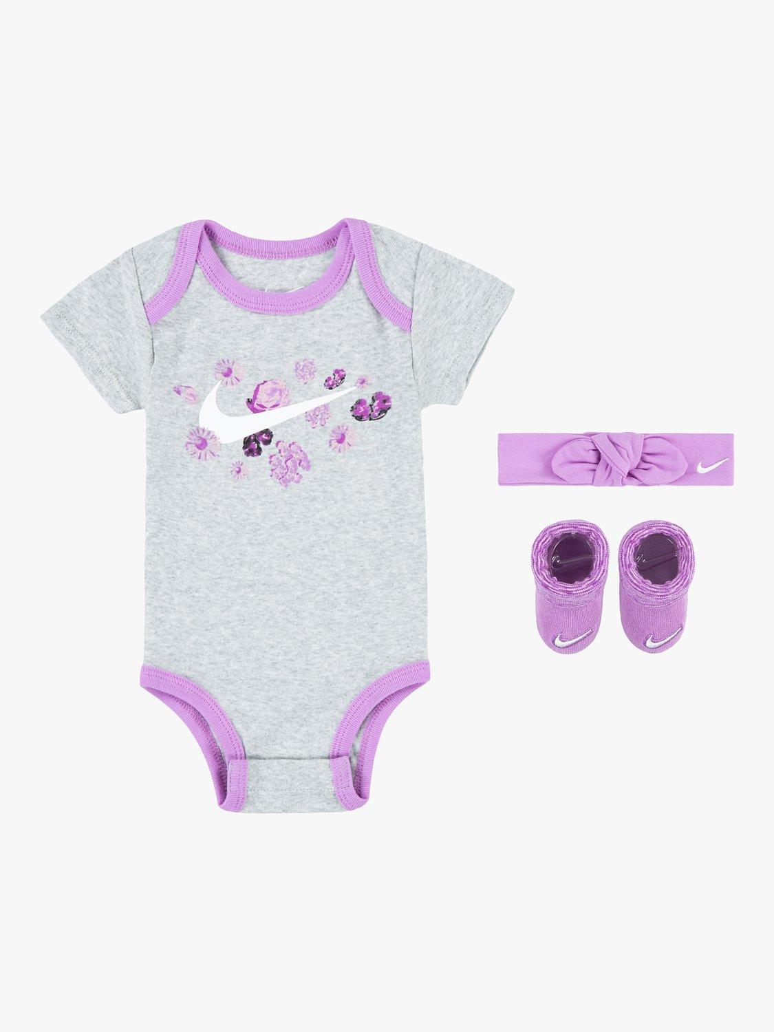 Nike Baby Floral Bodysuit, Booties & Headband Set, Smoke Grey