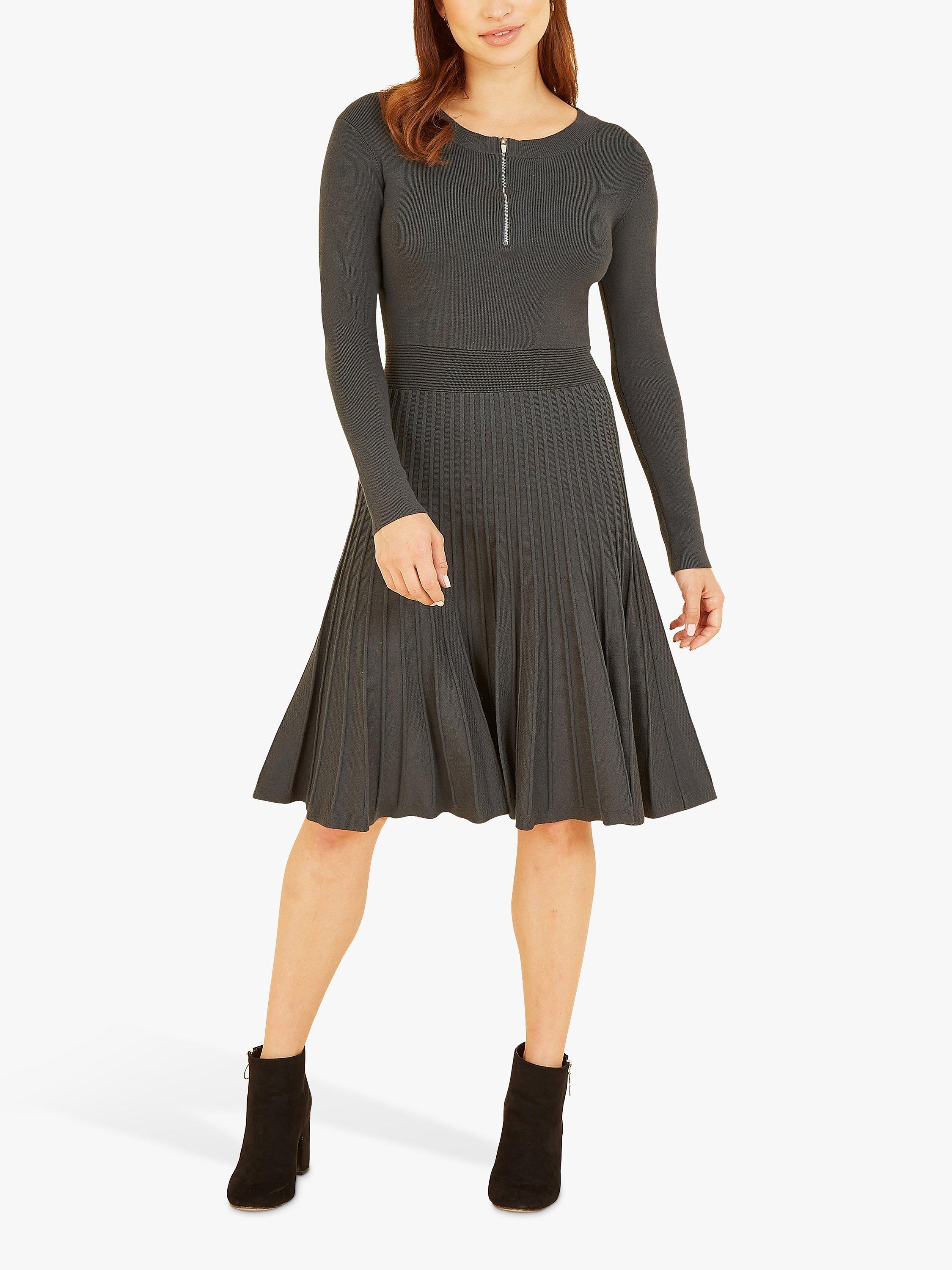 Yumi Zip Neck Knit Skater Dress, Grey