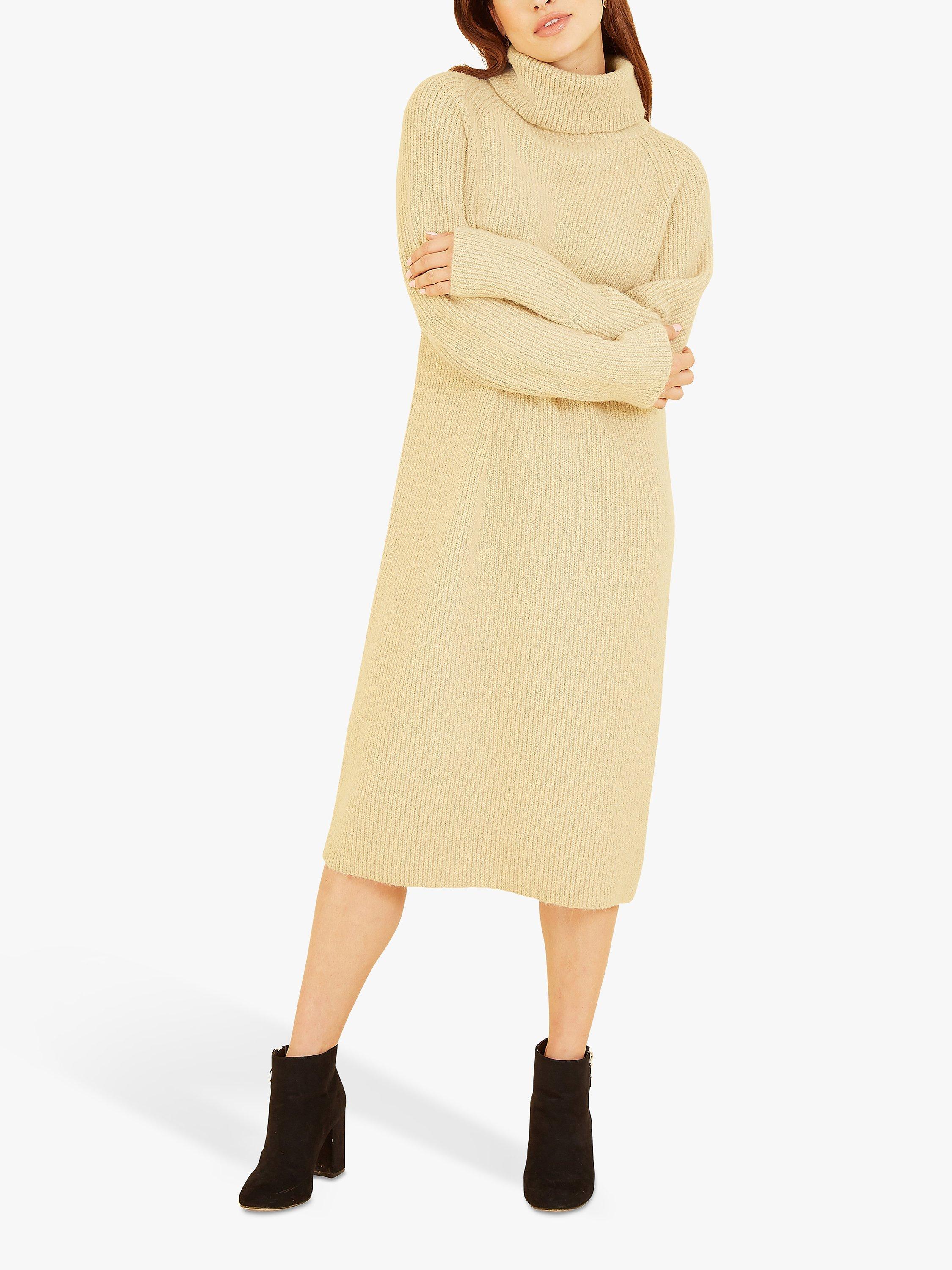 Yumi Roll Neck Knitted Midi Jumper Dress, Camel