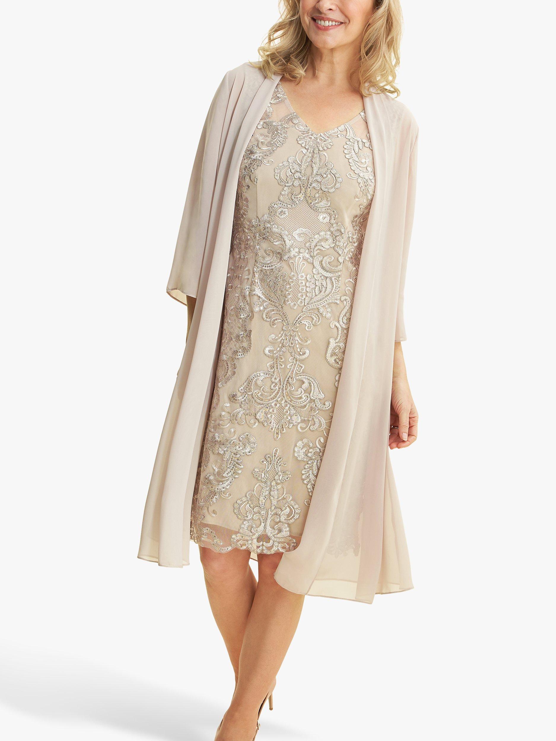 Gina Bacconi Joss Metallic Embroidered Lace Dress with Chiffon Jacket Taupe