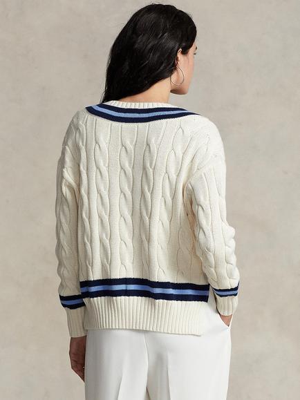 Polo Ralph Lauren Cricket Knit Stripe Jumper, Cream/Navy - view 2, Cream/Navy
