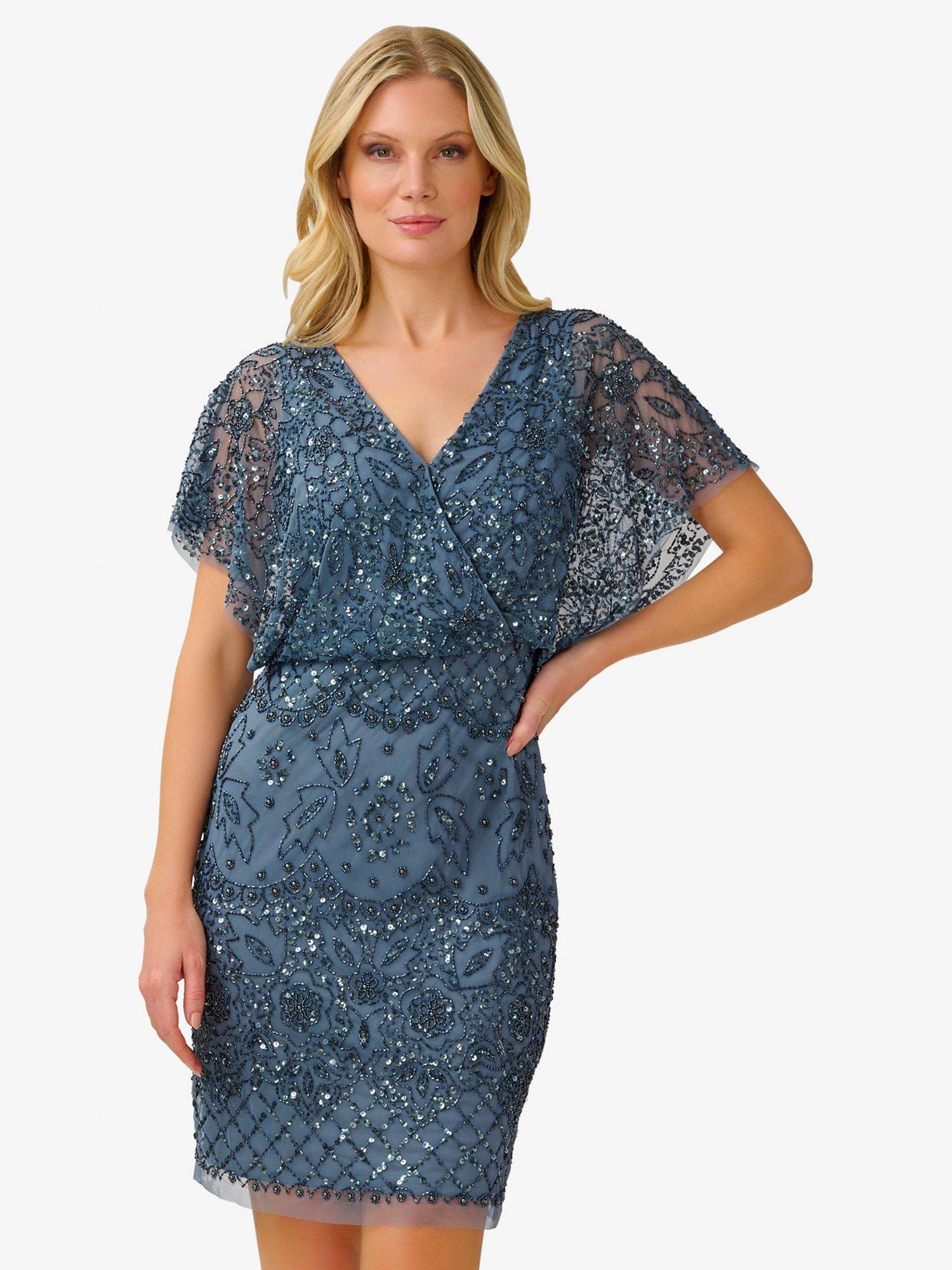 Adrianna Papell Beaded Mesh Blouson Wrap Neck Dress, Dusty Blue