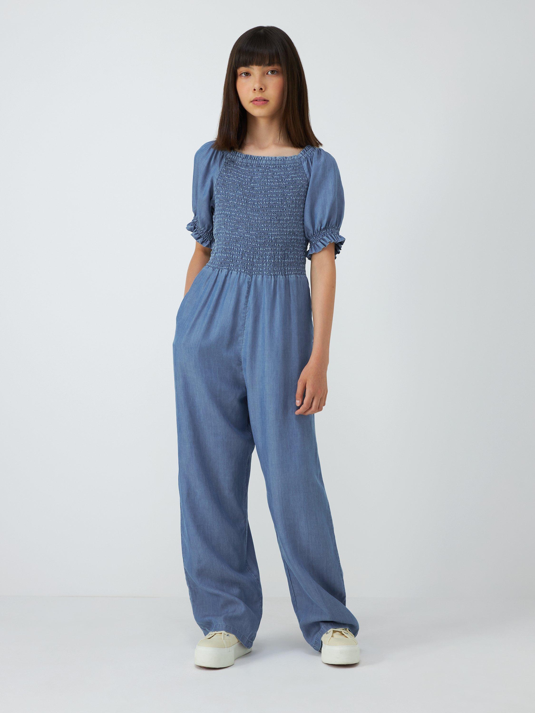 John Lewis Kids Puff Sleeve Chambray Jumpsuit, Mid Wash Denim