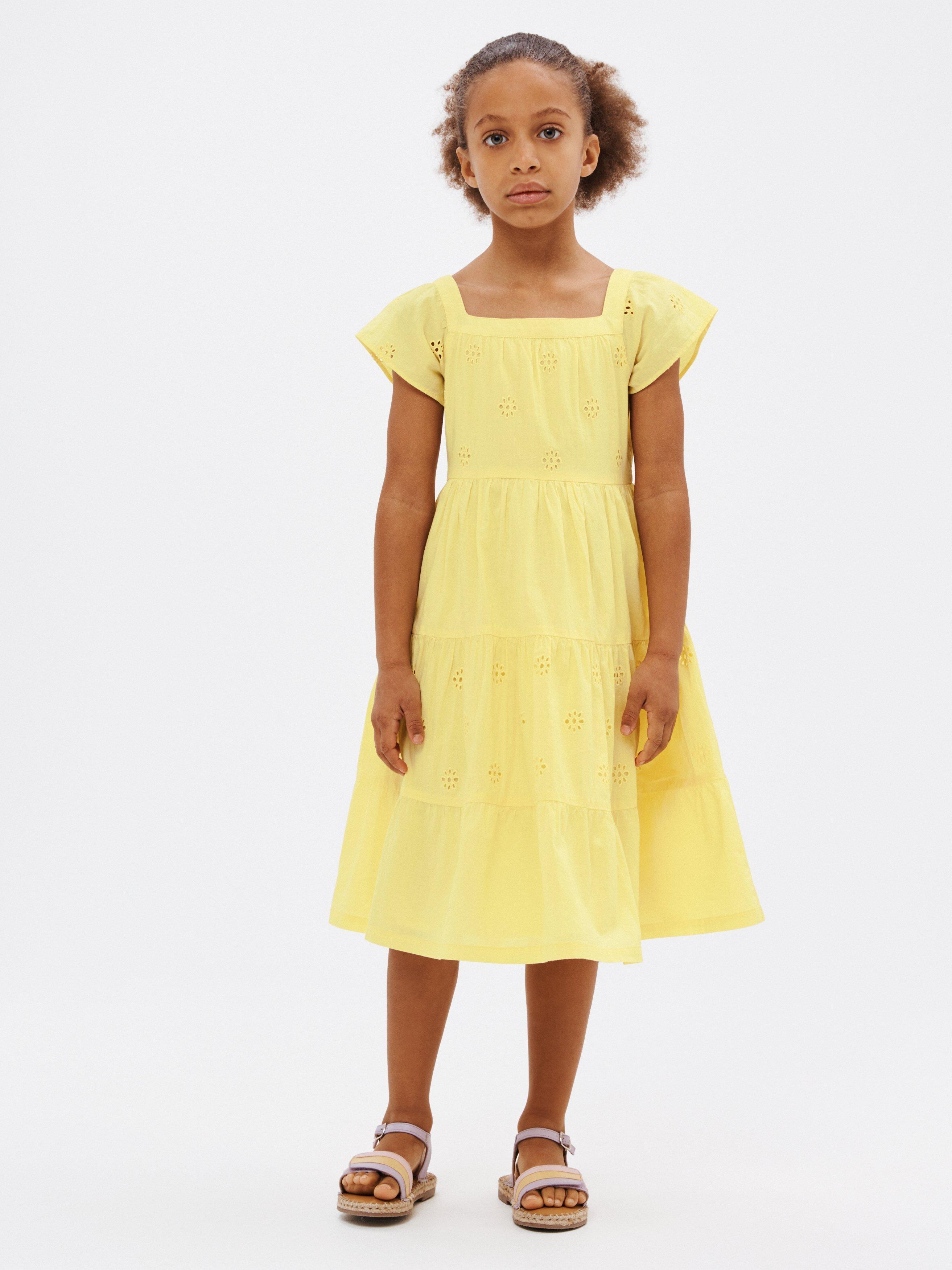 John Lewis Kids' Floral Broderie Tiered Dress, Pale Banana