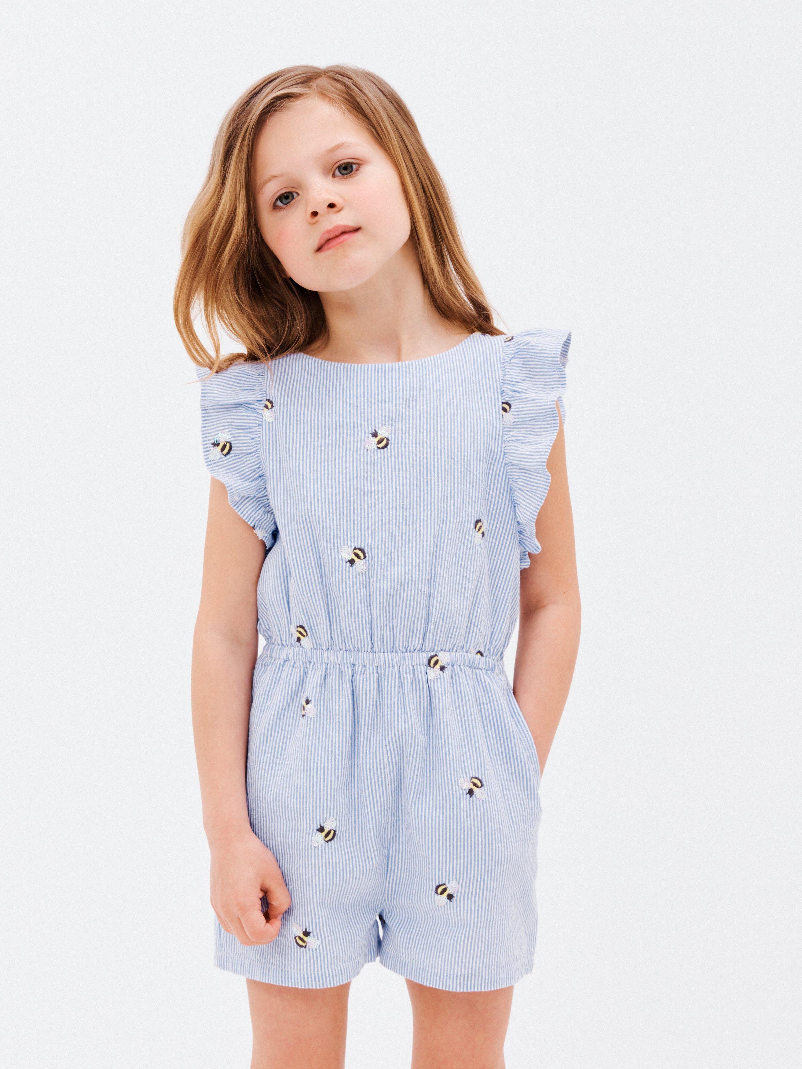 John Lewis Kids' Ticking Stripe Bees Playsuit, Blue/white