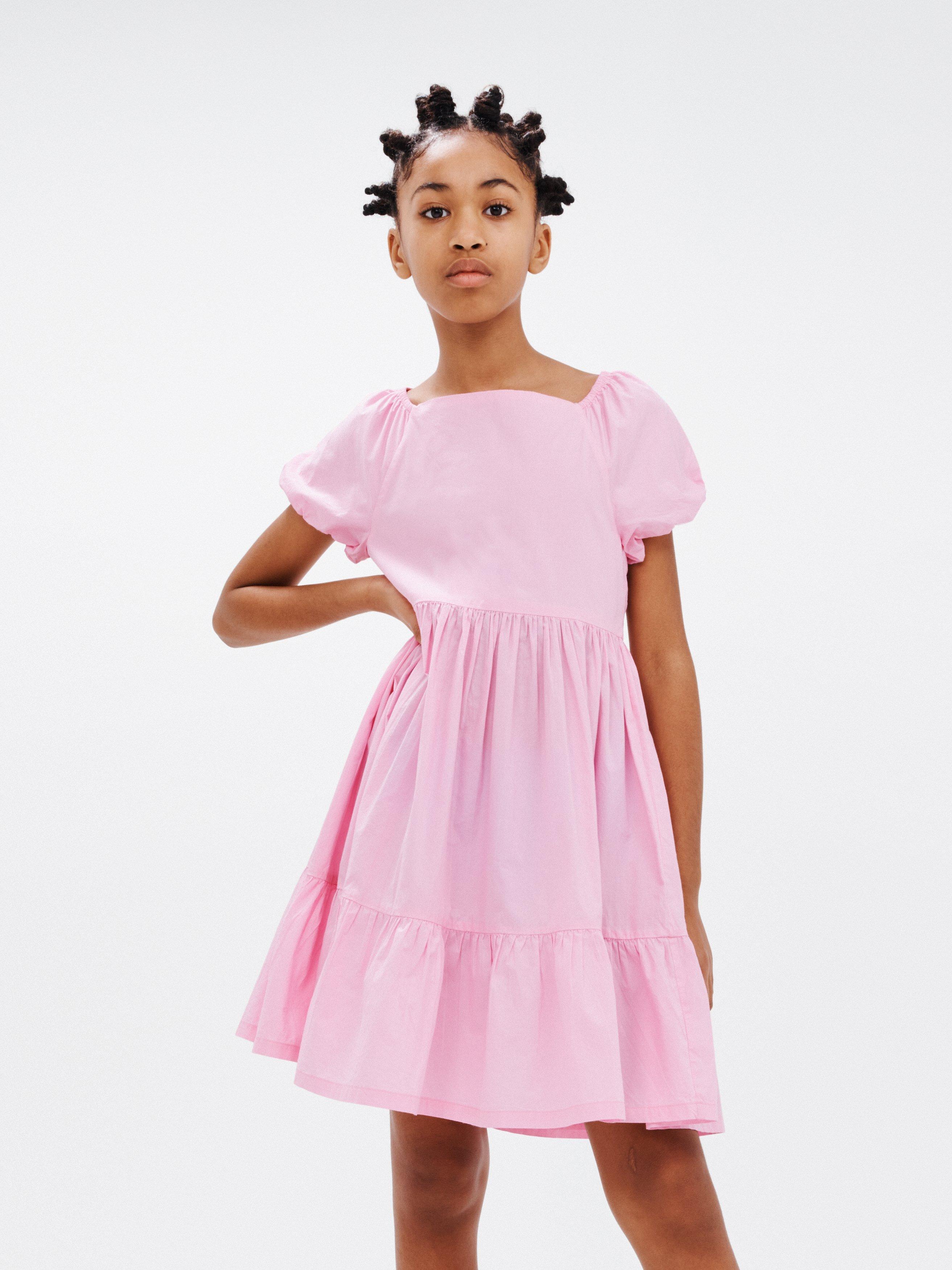 John Lewis Kids' Puff Sleeve Cotton Poplin Tiered Dress, Prism Pink