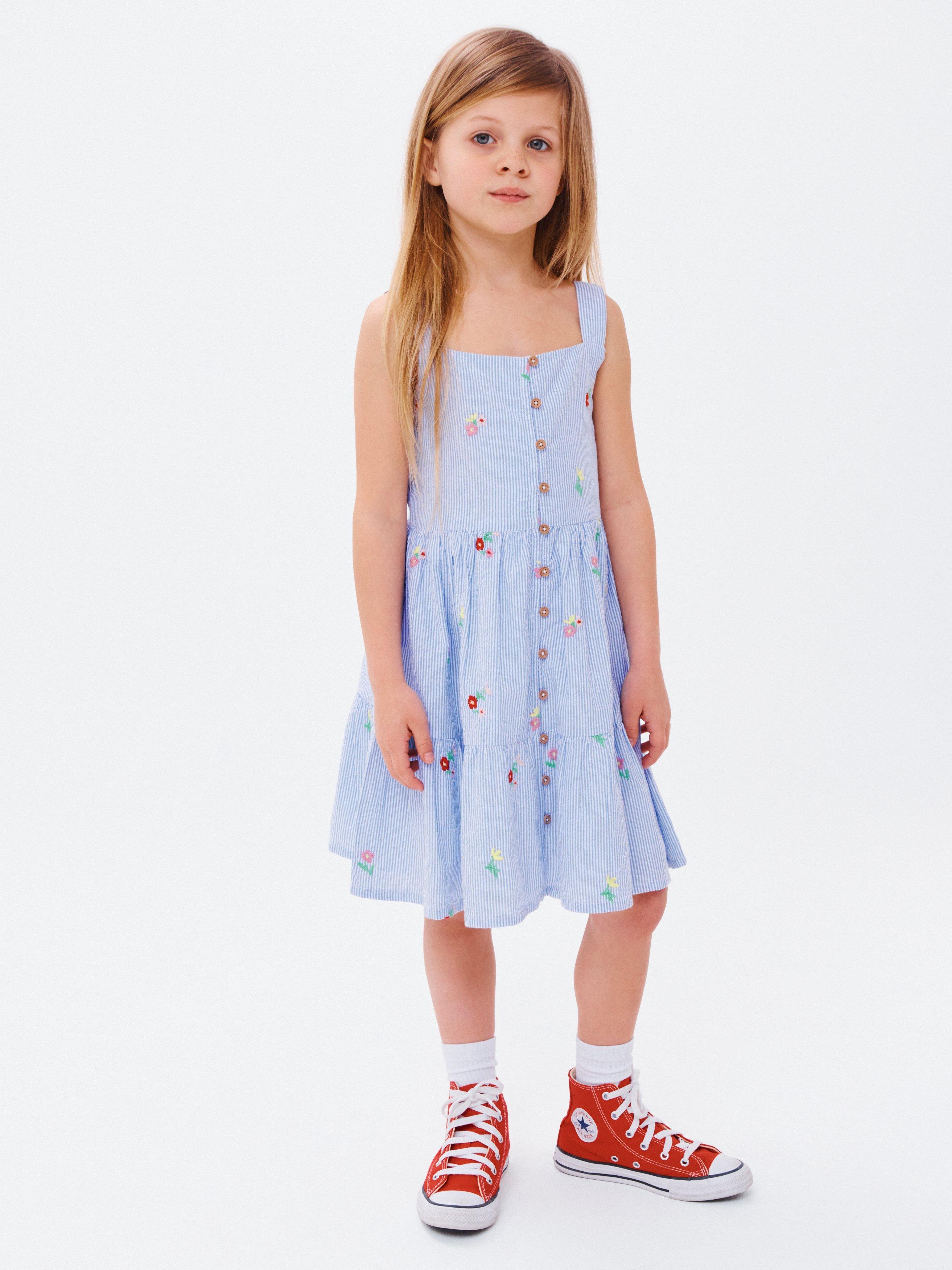 John Lewis Kids' Ticking Stripe Floral Tiered Dress, Multi