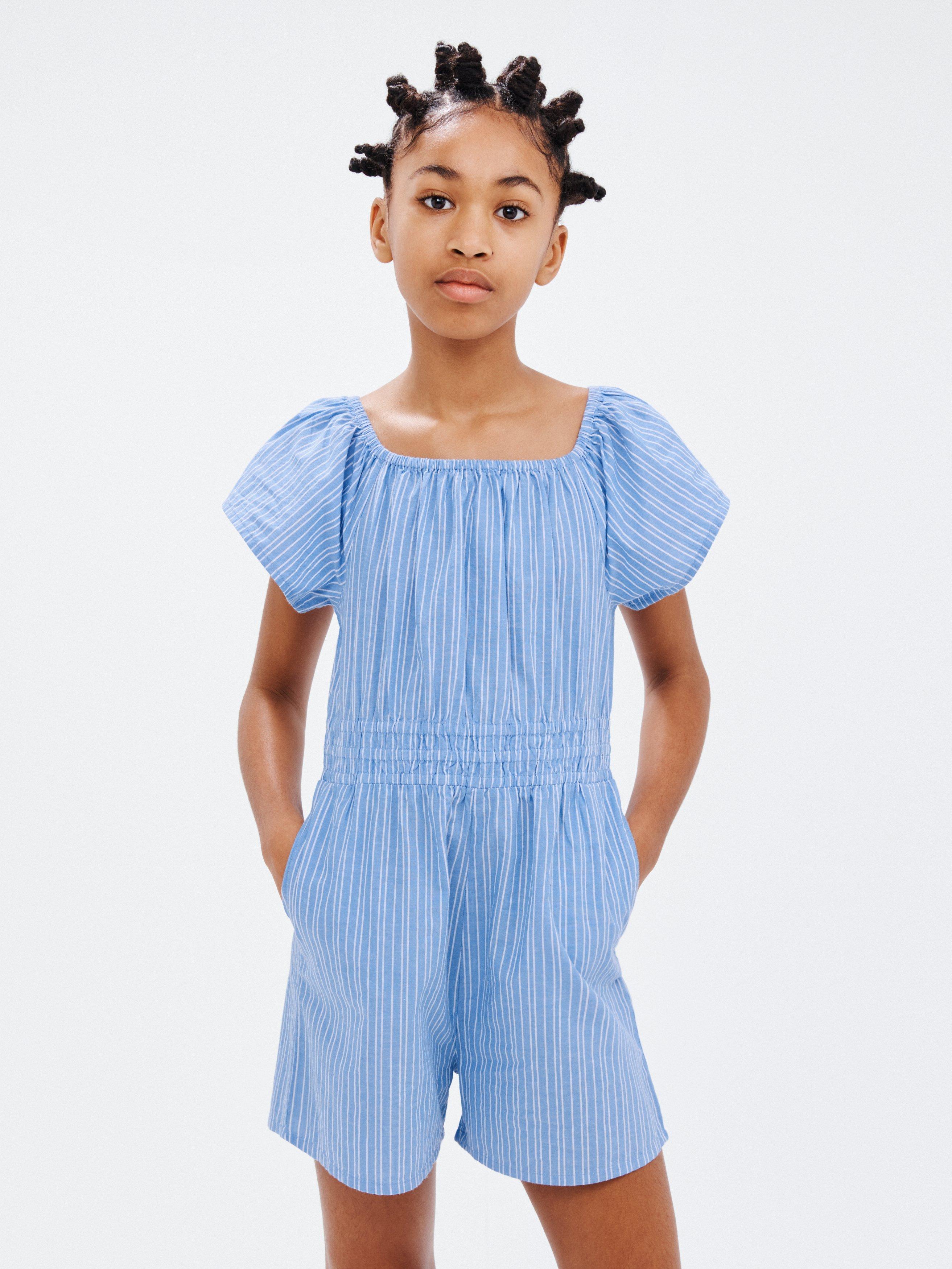 John Lewis Kids' Stripe Puff Sleeve Playsuit, Blue