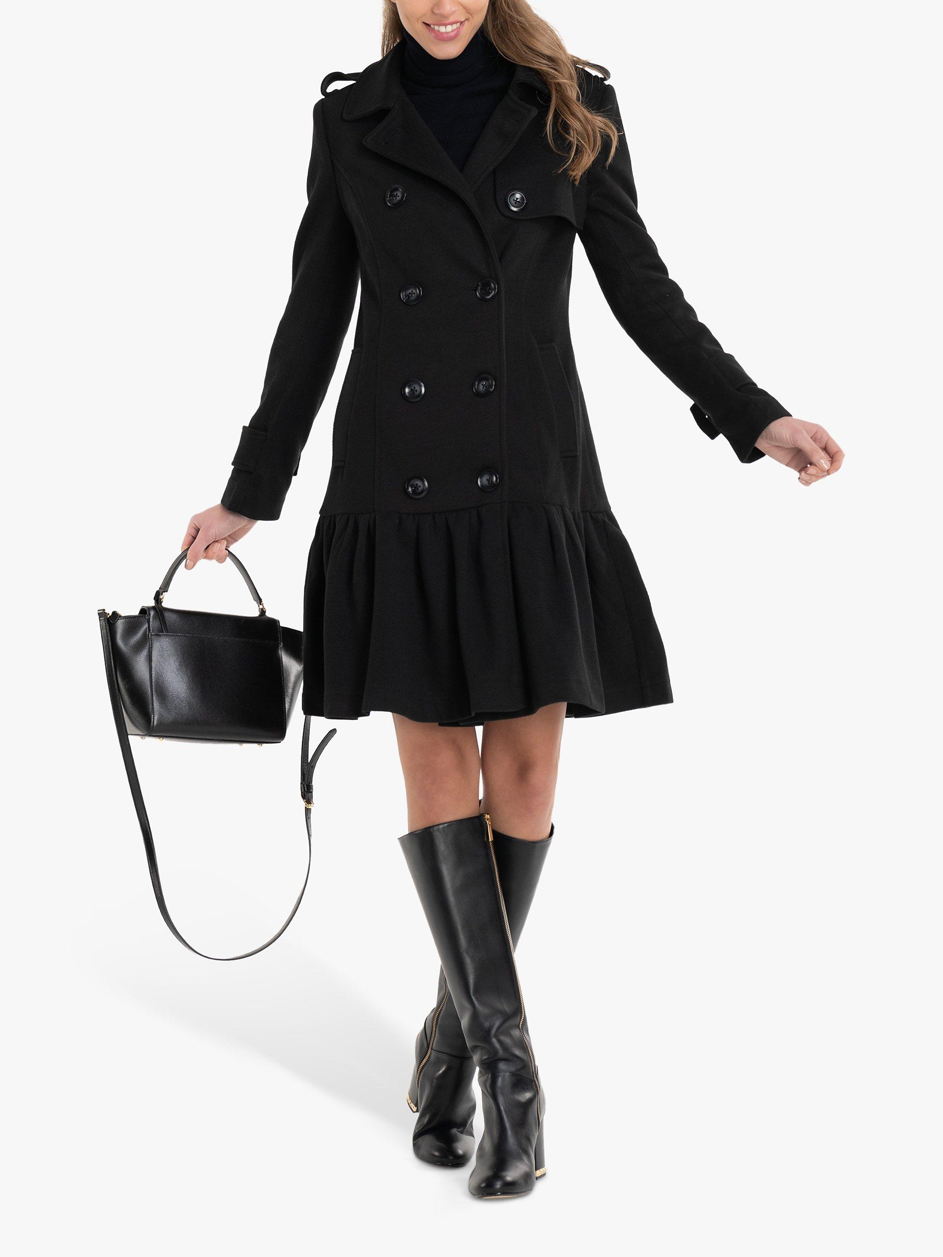 Jolie Moi Ruffle Hem Trench Coat, Black